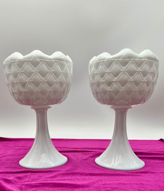 PAIR OF VINTAGE INDIANA MILK GLASS "DUETTE" PEDESTAL PLANTERS/VASES, CIRCA 1965