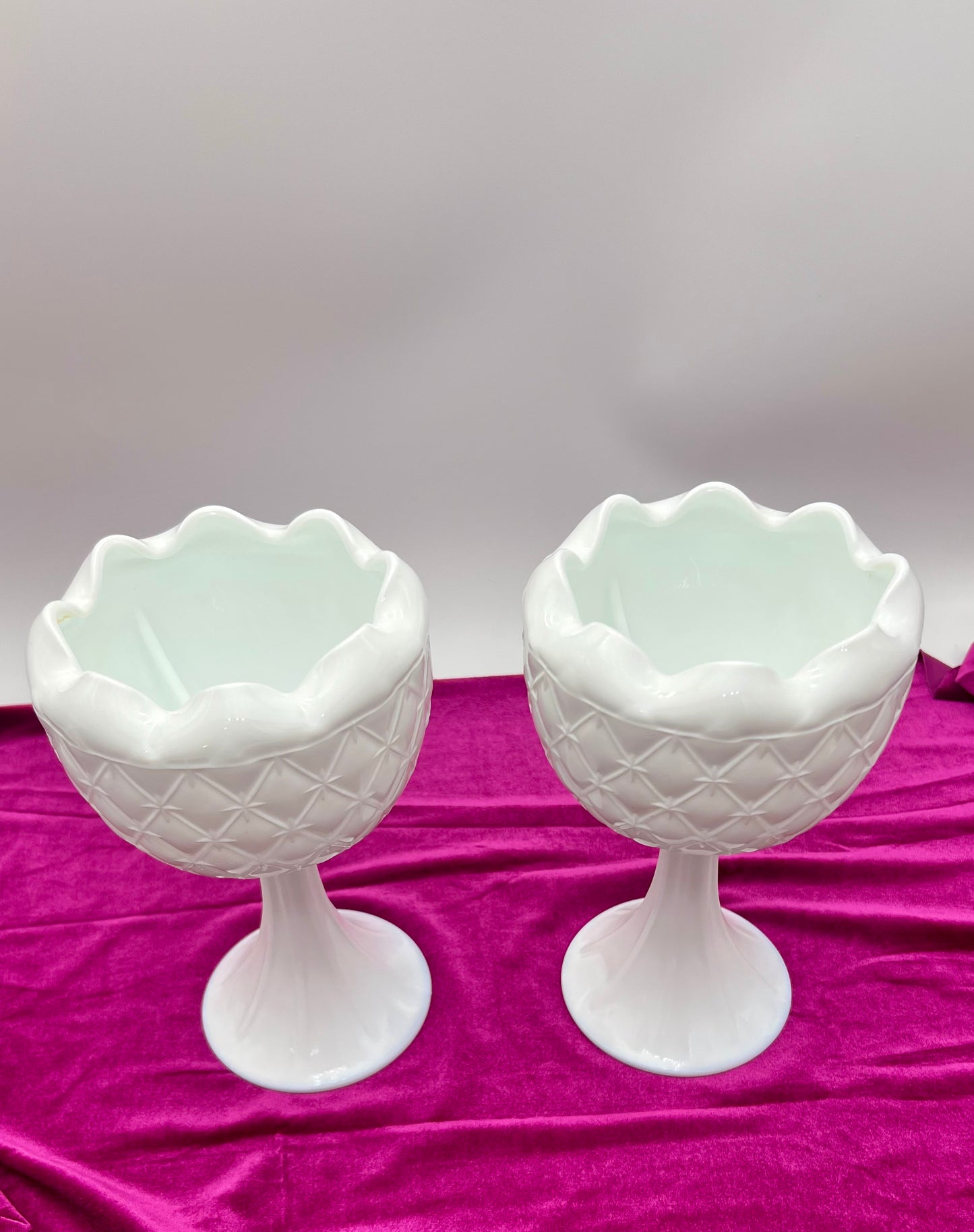 PAIR OF VINTAGE INDIANA MILK GLASS "DUETTE" PEDESTAL PLANTERS/VASES, CIRCA 1965