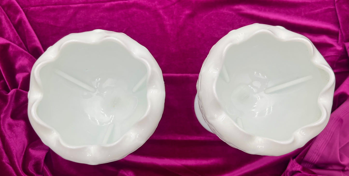 PAIR OF VINTAGE INDIANA MILK GLASS "DUETTE" PEDESTAL PLANTERS/VASES, CIRCA 1965