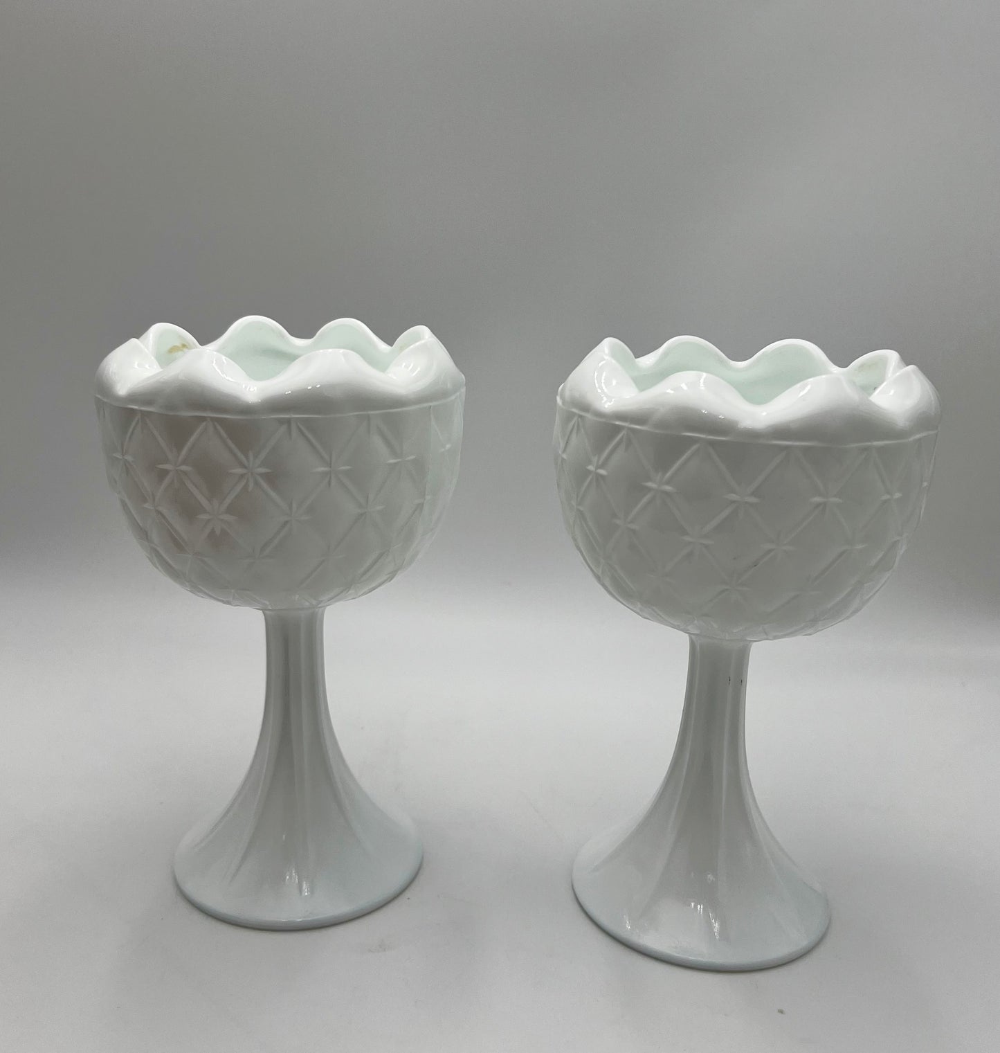 PAIR OF VINTAGE INDIANA MILK GLASS "DUETTE" PEDESTAL PLANTERS/VASES, CIRCA 1965