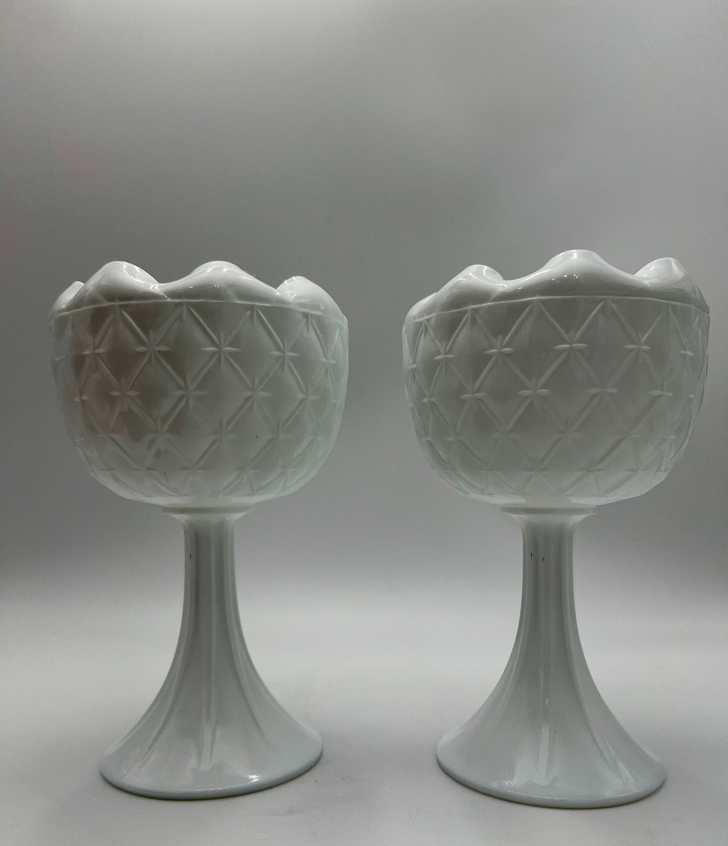 PAIR OF VINTAGE INDIANA MILK GLASS "DUETTE" PEDESTAL PLANTERS/VASES, CIRCA 1965