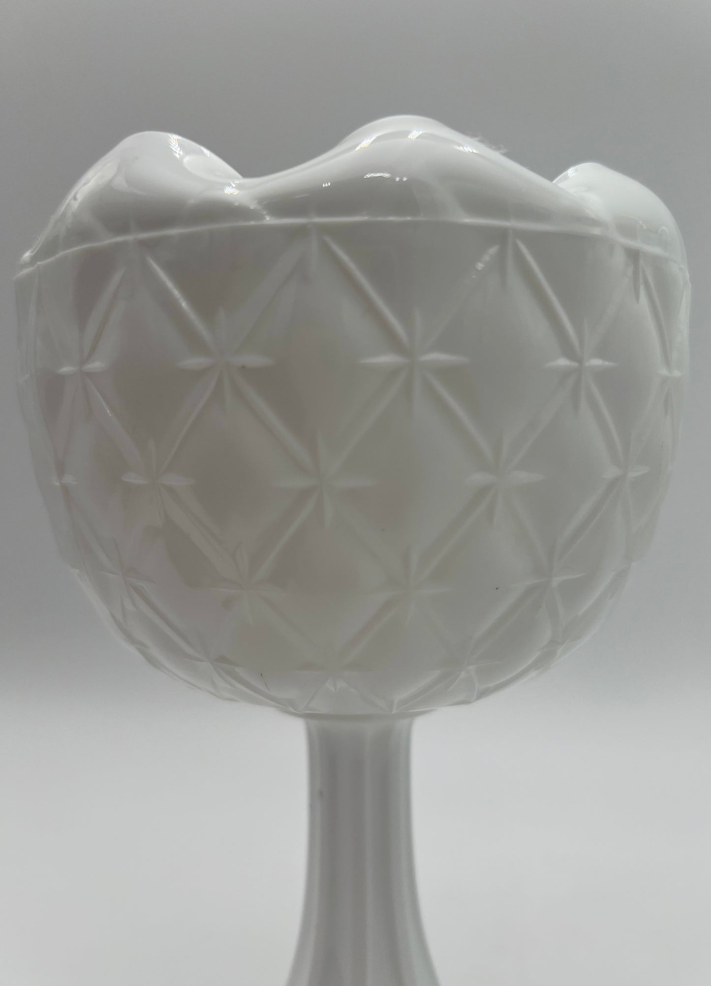 PAIR OF VINTAGE INDIANA MILK GLASS "DUETTE" PEDESTAL PLANTERS/VASES, CIRCA 1965