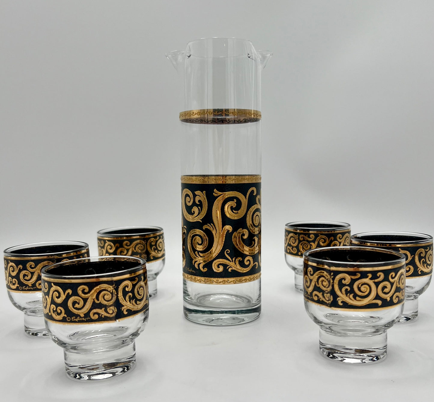 VERY RARE 1960s 22 K GOLD CULVER EBONY BAROQUE COCKTAIL SET