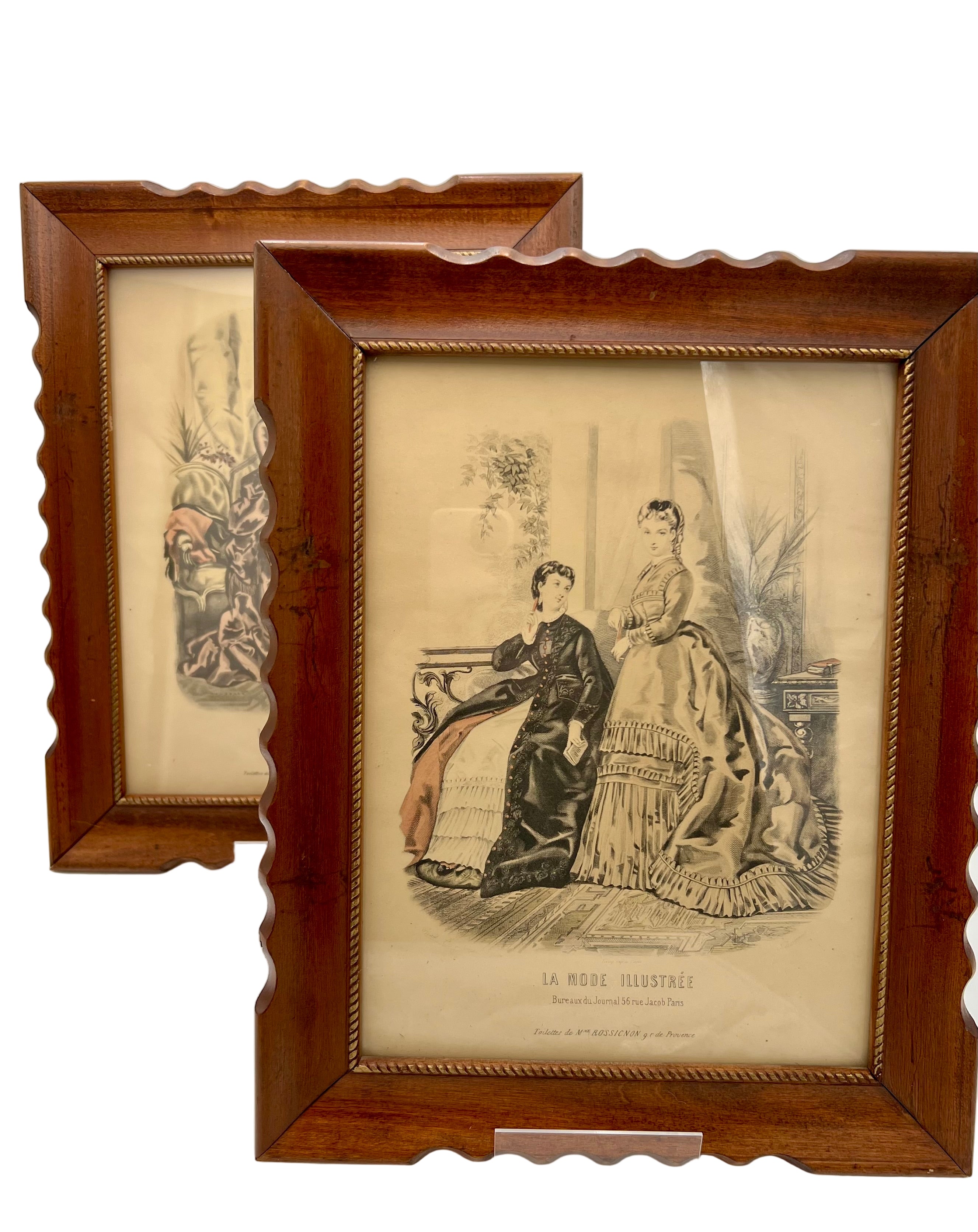 ANTIQUE SCALLOPED FRENCH FASHION LITHOGRAPHS LA MODE ILLUSTREE SET OF 2 FRAMED 19TH CENTURY PARIS PRINTS