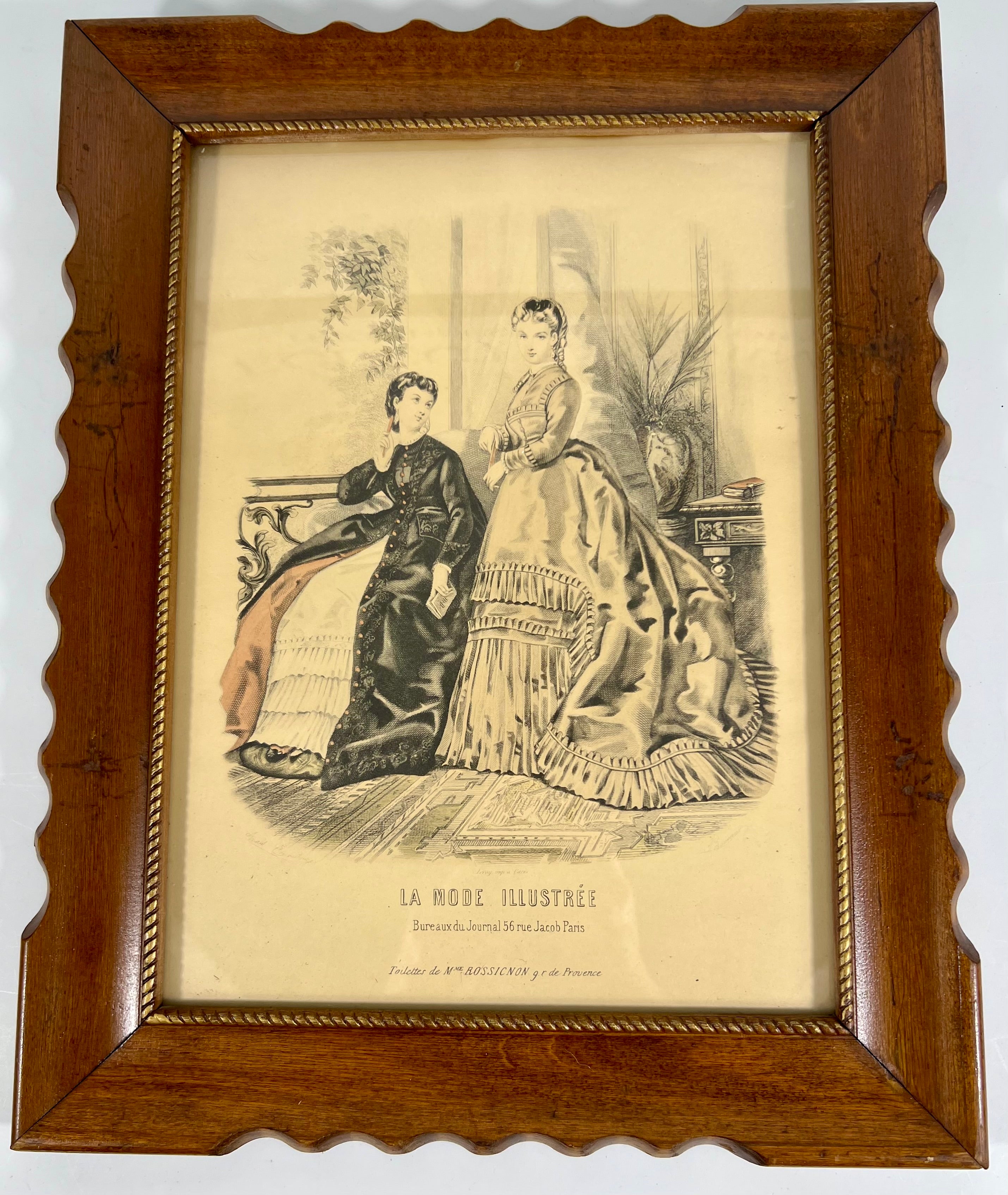 ANTIQUE SCALLOPED FRENCH FASHION LITHOGRAPHS LA MODE ILLUSTREE SET OF 2 FRAMED 19TH CENTURY PARIS PRINTS