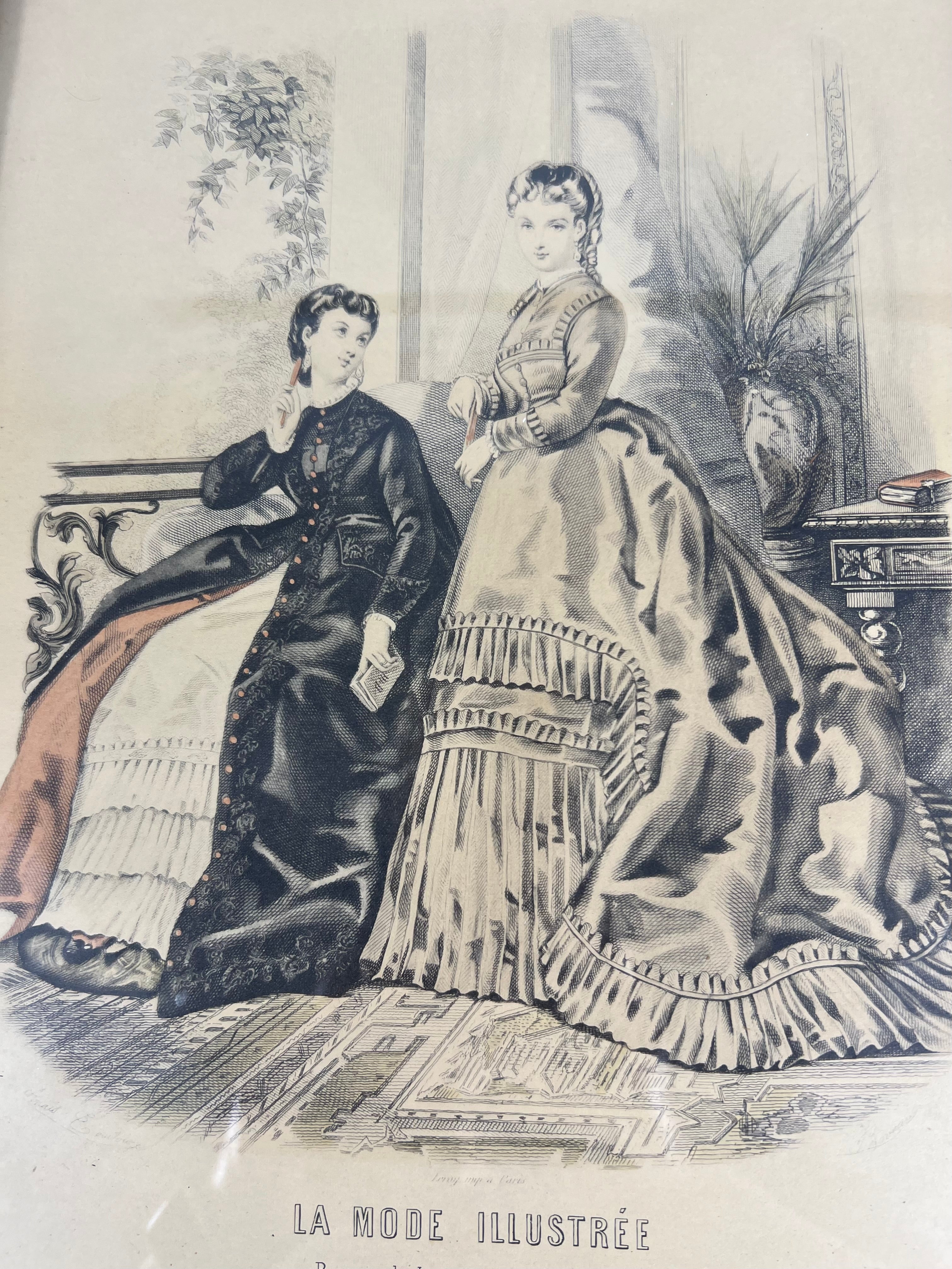 ANTIQUE SCALLOPED FRENCH FASHION LITHOGRAPHS LA MODE ILLUSTREE SET OF 2 FRAMED 19TH CENTURY PARIS PRINTS