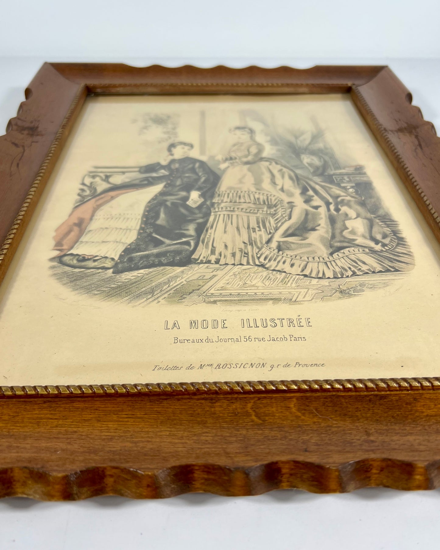 SCALLOPED ANTIQUE FRAMES AND ANTIQUE LITHOGRAPHS PARIS LADIES, LATE 1800s