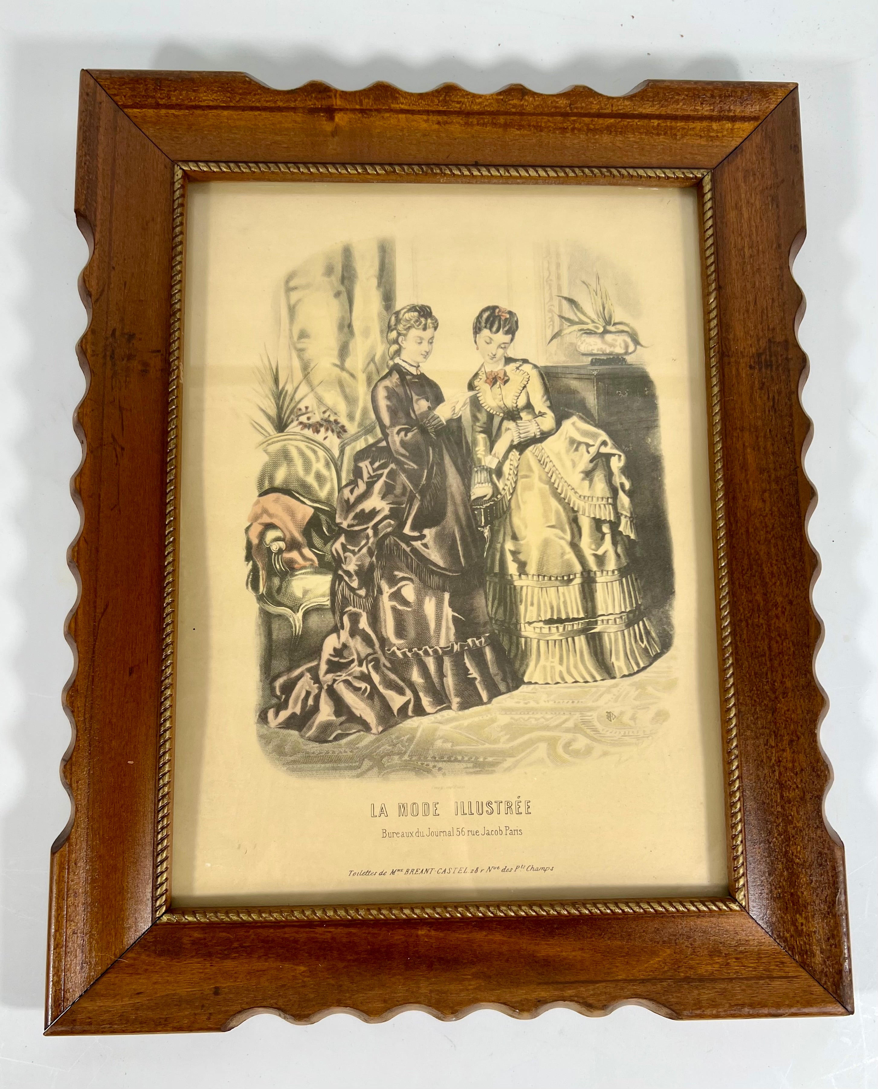 ANTIQUE SCALLOPED FRENCH FASHION LITHOGRAPHS LA MODE ILLUSTREE SET OF 2 FRAMED 19TH CENTURY PARIS PRINTS
