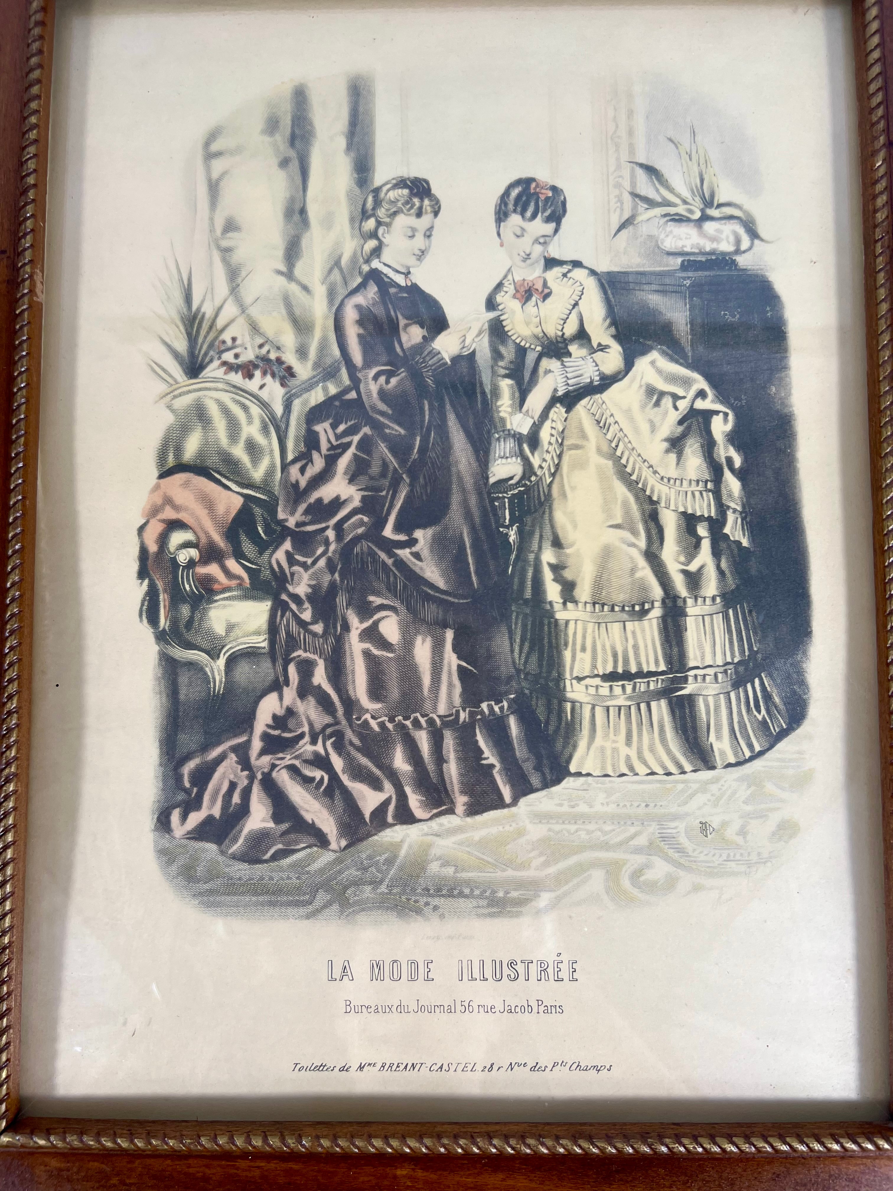 ANTIQUE SCALLOPED FRENCH FASHION LITHOGRAPHS LA MODE ILLUSTREE SET OF 2 FRAMED 19TH CENTURY PARIS PRINTS