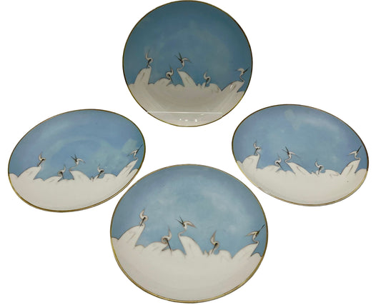 1950s HAND PAINTED BONE CHINA MITSU-BOSHI NIPPON BLUE AND WHITE CRANES DESSERT/BREAD PLATES, SET OF 4