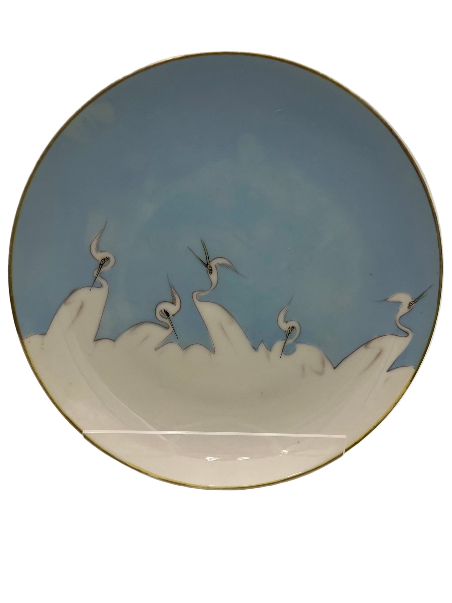 1950s HAND PAINTED BONE CHINA MITSU-BOSHI NIPPON BLUE AND WHITE CRANES DESSERT/BREAD PLATES, SET OF 4
