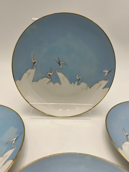 1950s HAND PAINTED BONE CHINA MITSU-BOSHI NIPPON BLUE AND WHITE CRANES DESSERT/BREAD PLATES, SET OF 4