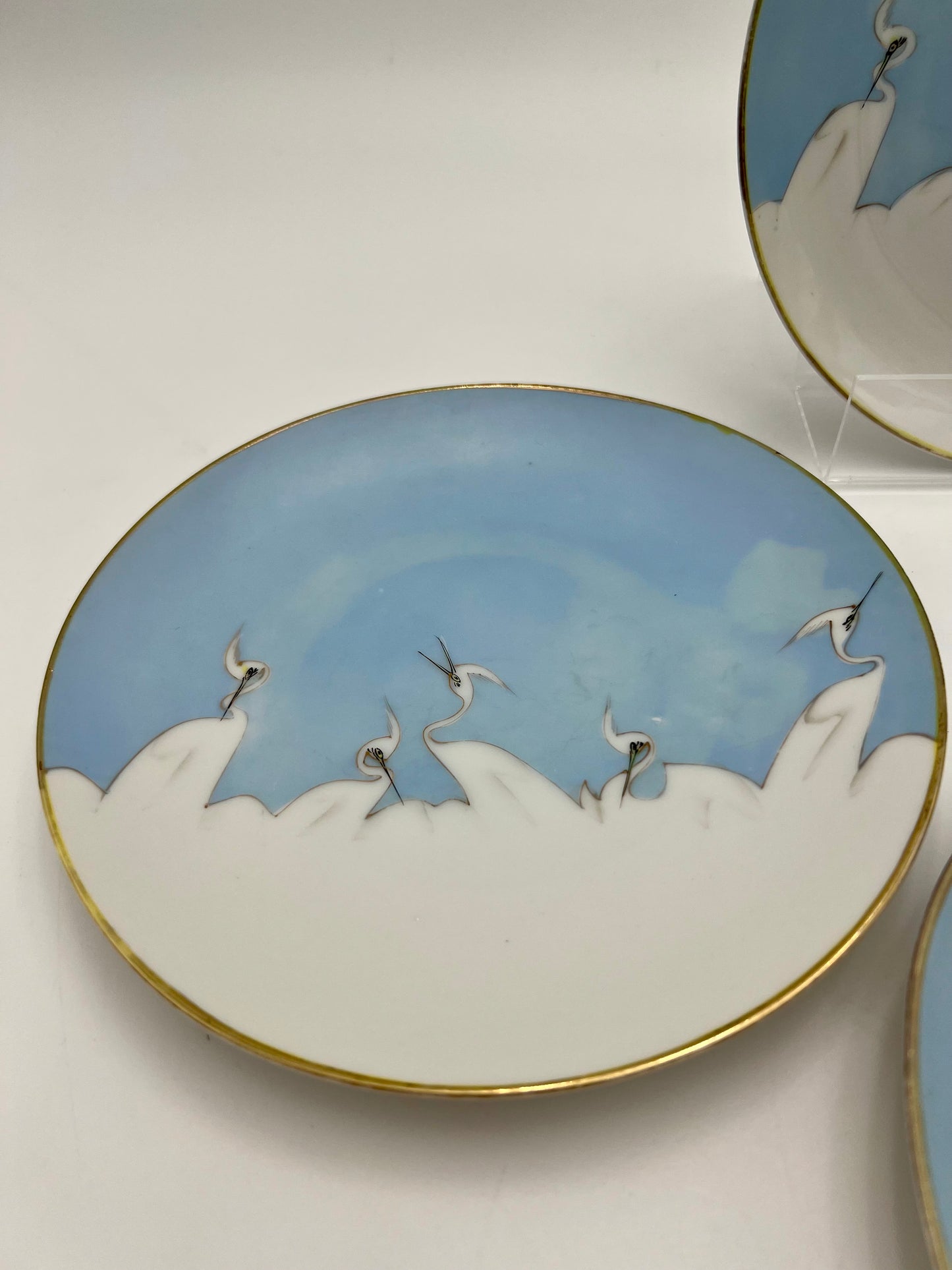 1950s HAND PAINTED BONE CHINA MITSU-BOSHI NIPPON BLUE AND WHITE CRANES DESSERT/BREAD PLATES, SET OF 4
