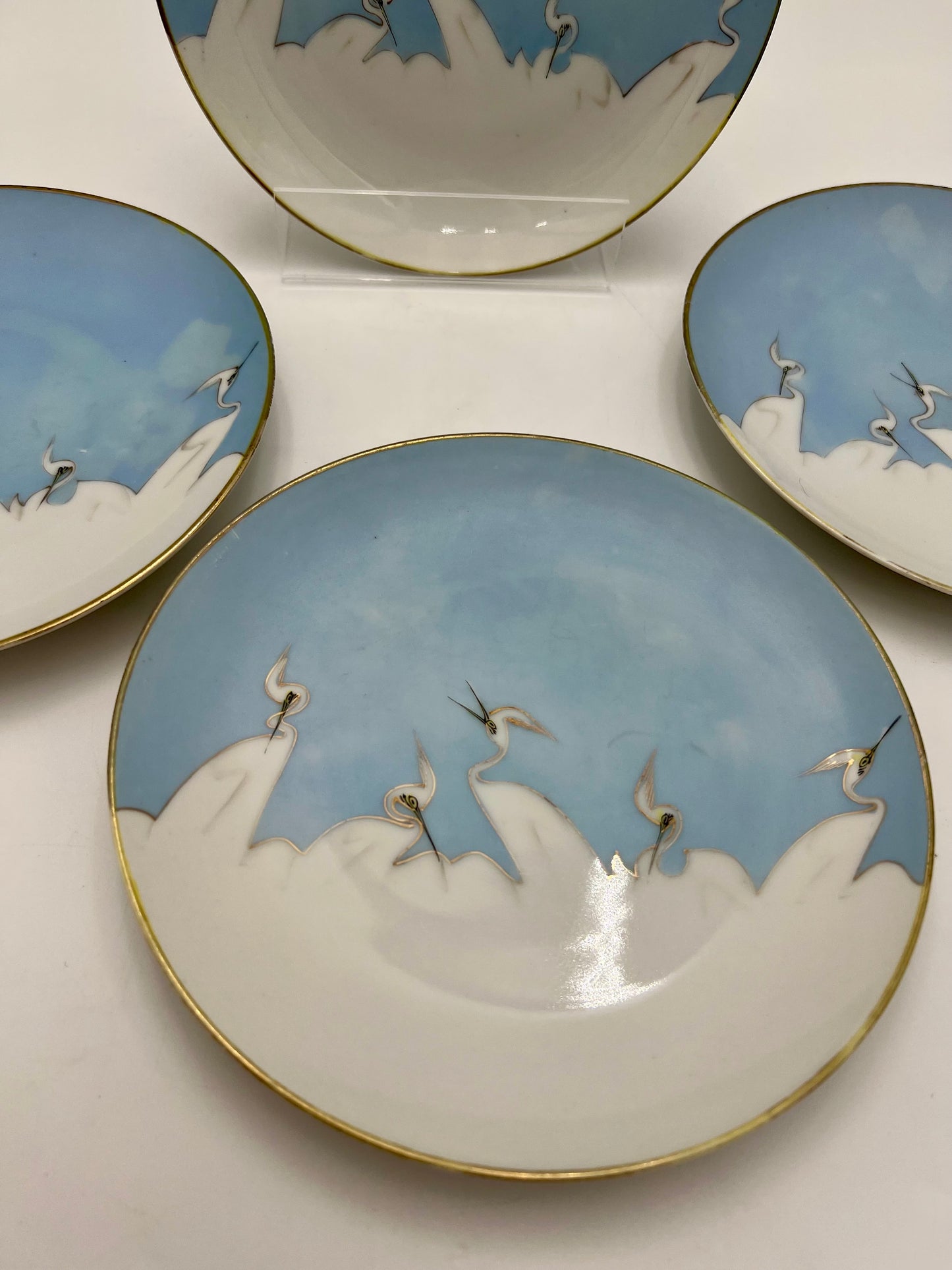 1950s HAND PAINTED BONE CHINA MITSU-BOSHI NIPPON BLUE AND WHITE CRANES DESSERT/BREAD PLATES, SET OF 4