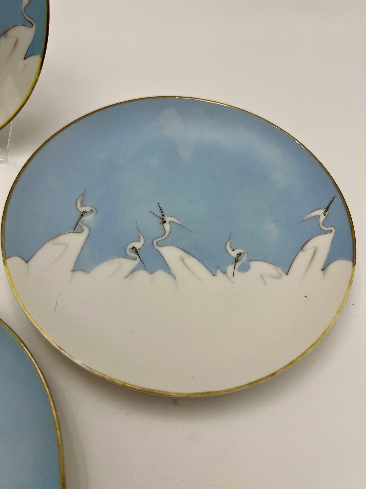 1950s HAND PAINTED BONE CHINA MITSU-BOSHI NIPPON BLUE AND WHITE CRANES DESSERT/BREAD PLATES, SET OF 4
