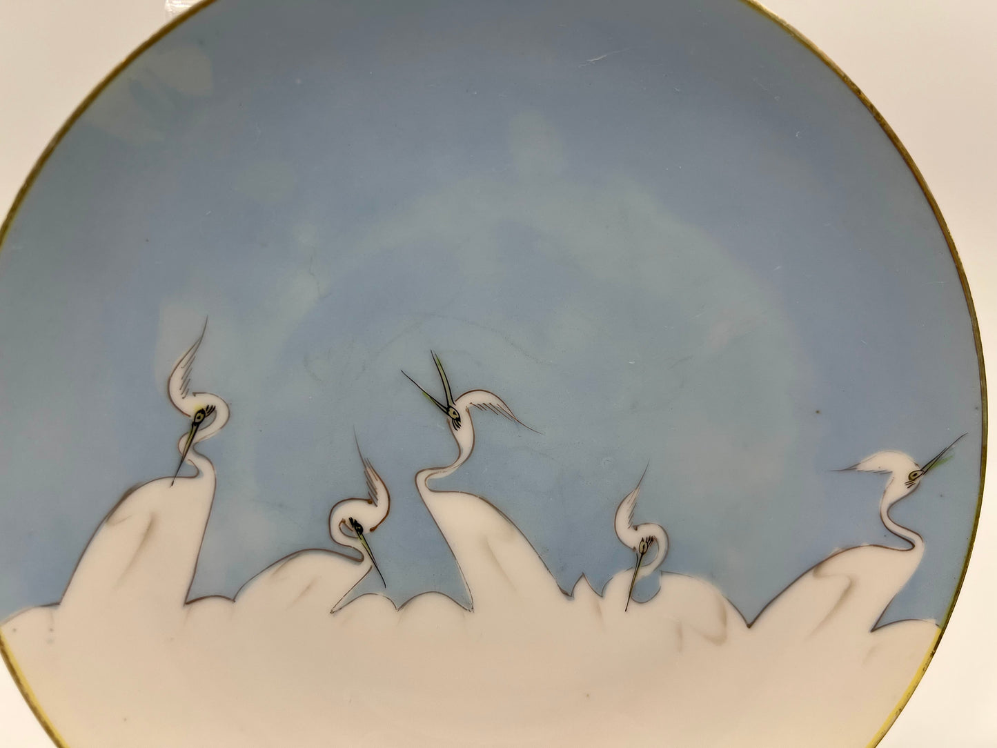 1950s HAND PAINTED BONE CHINA MITSU-BOSHI NIPPON BLUE AND WHITE CRANES DESSERT/BREAD PLATES, SET OF 4