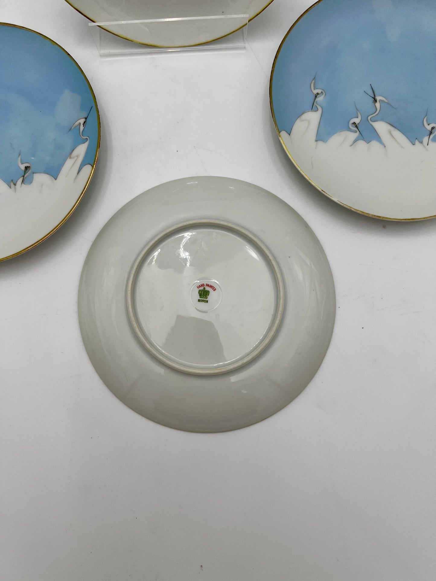 1950s HAND PAINTED BONE CHINA MITSU-BOSHI NIPPON BLUE AND WHITE CRANES DESSERT/BREAD PLATES, SET OF 4