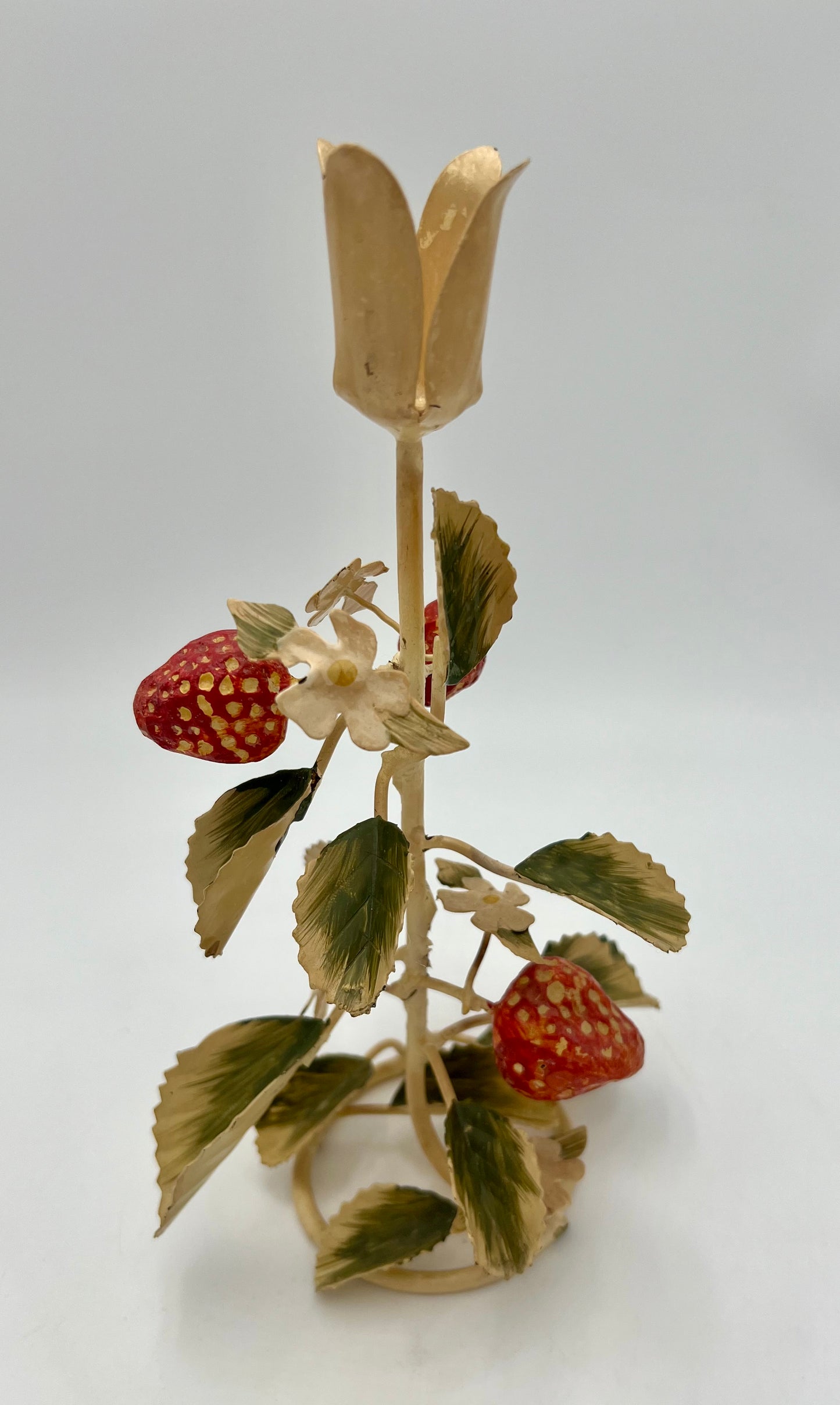 VERY RARE 1960s ITALIAN TOLE STRAWBERRIES AND WHITE FLOWERS CANDLESTICK HOLDER