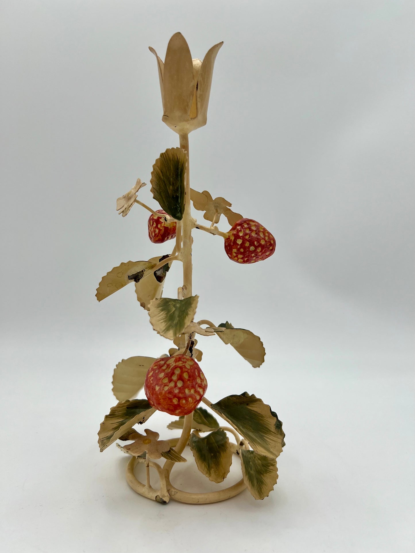 VERY RARE 1960s ITALIAN TOLE STRAWBERRIES AND WHITE FLOWERS CANDLESTICK HOLDER