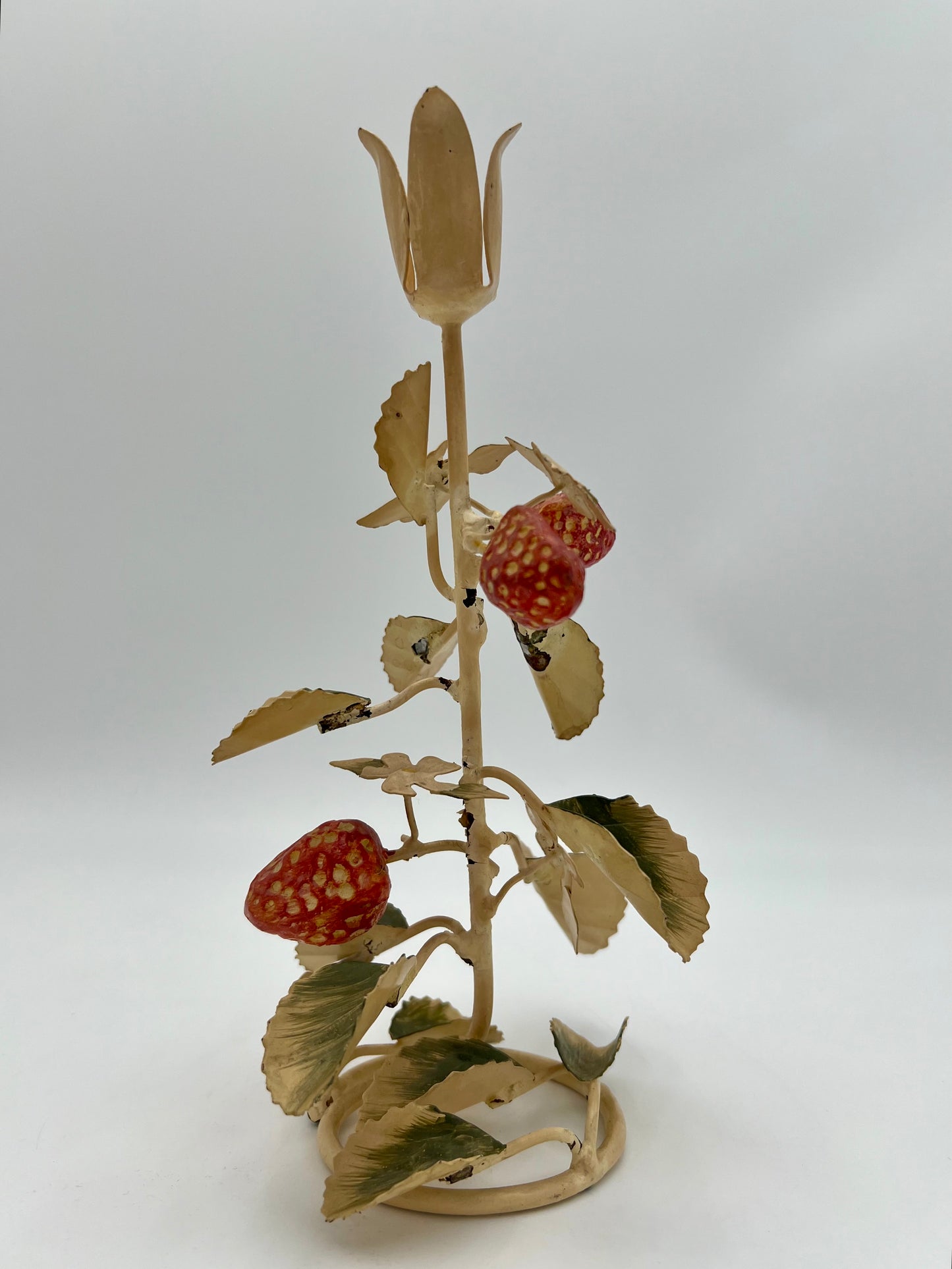 VERY RARE 1960s ITALIAN TOLE STRAWBERRIES AND WHITE FLOWERS CANDLESTICK HOLDER