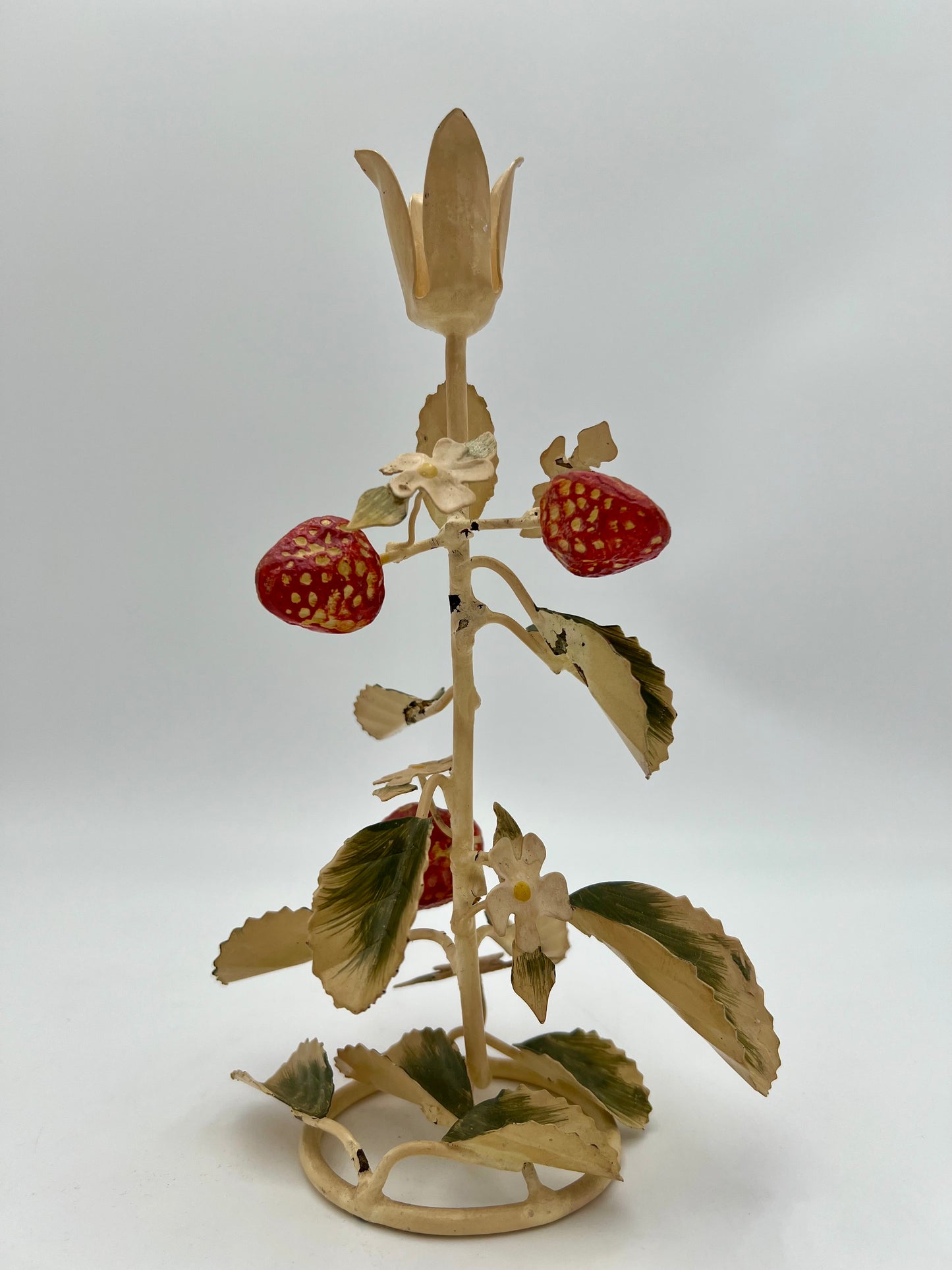 VERY RARE 1960s ITALIAN TOLE STRAWBERRIES AND WHITE FLOWERS CANDLESTICK HOLDER