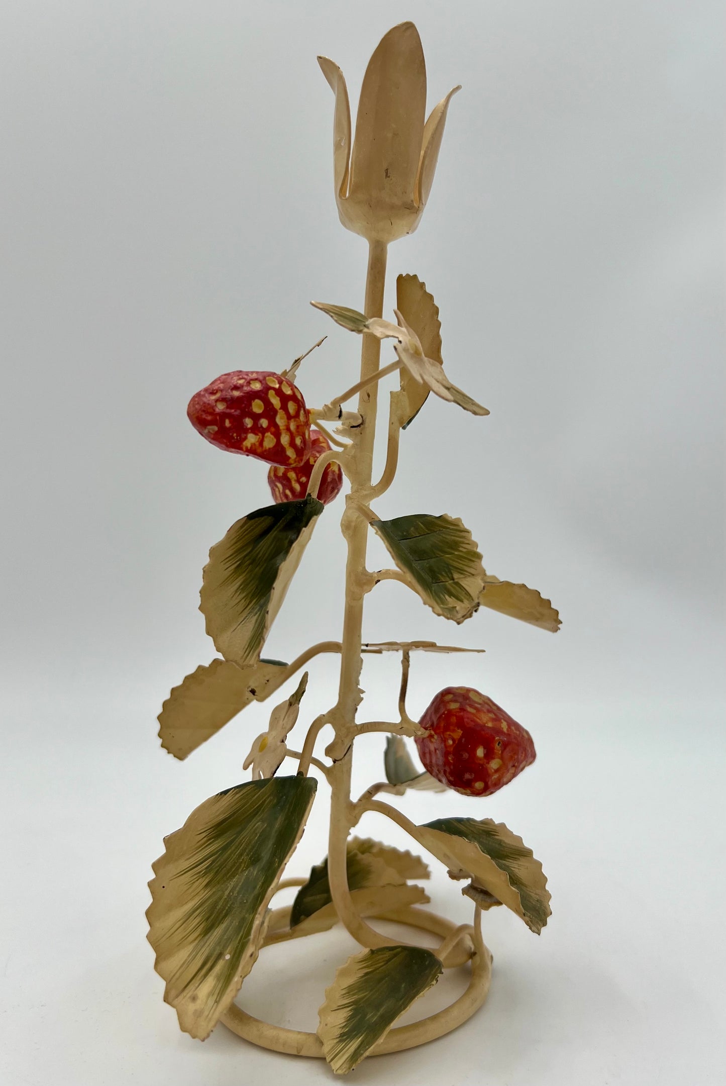 VERY RARE 1960s ITALIAN TOLE STRAWBERRIES AND WHITE FLOWERS CANDLESTICK HOLDER