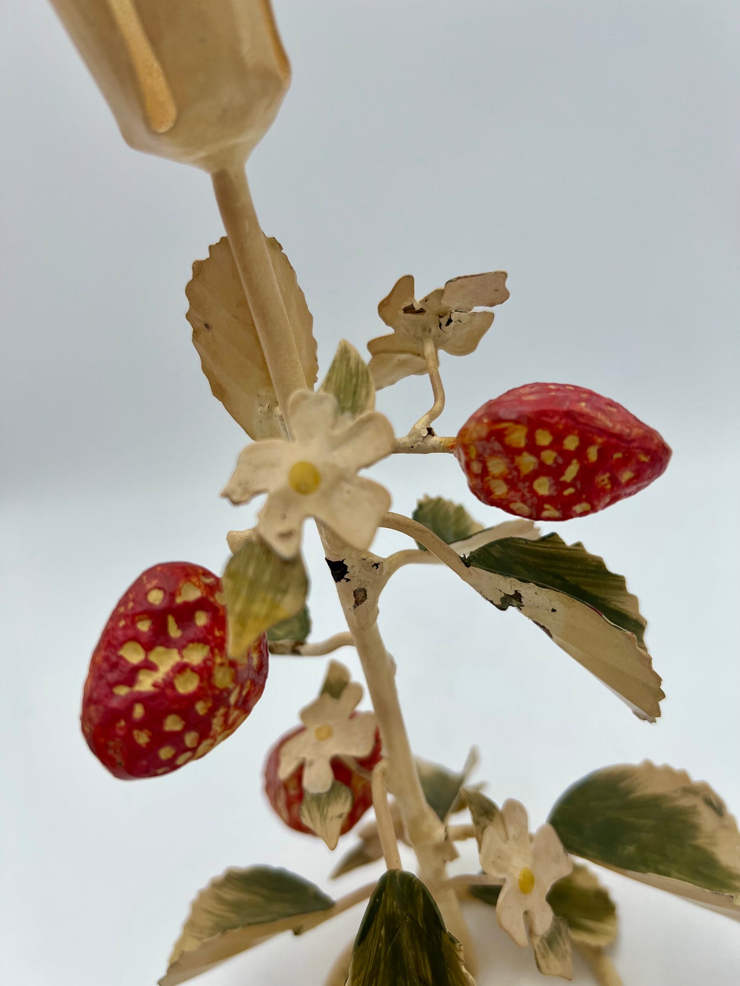 VERY RARE 1960s ITALIAN TOLE STRAWBERRIES AND WHITE FLOWERS CANDLESTICK HOLDER