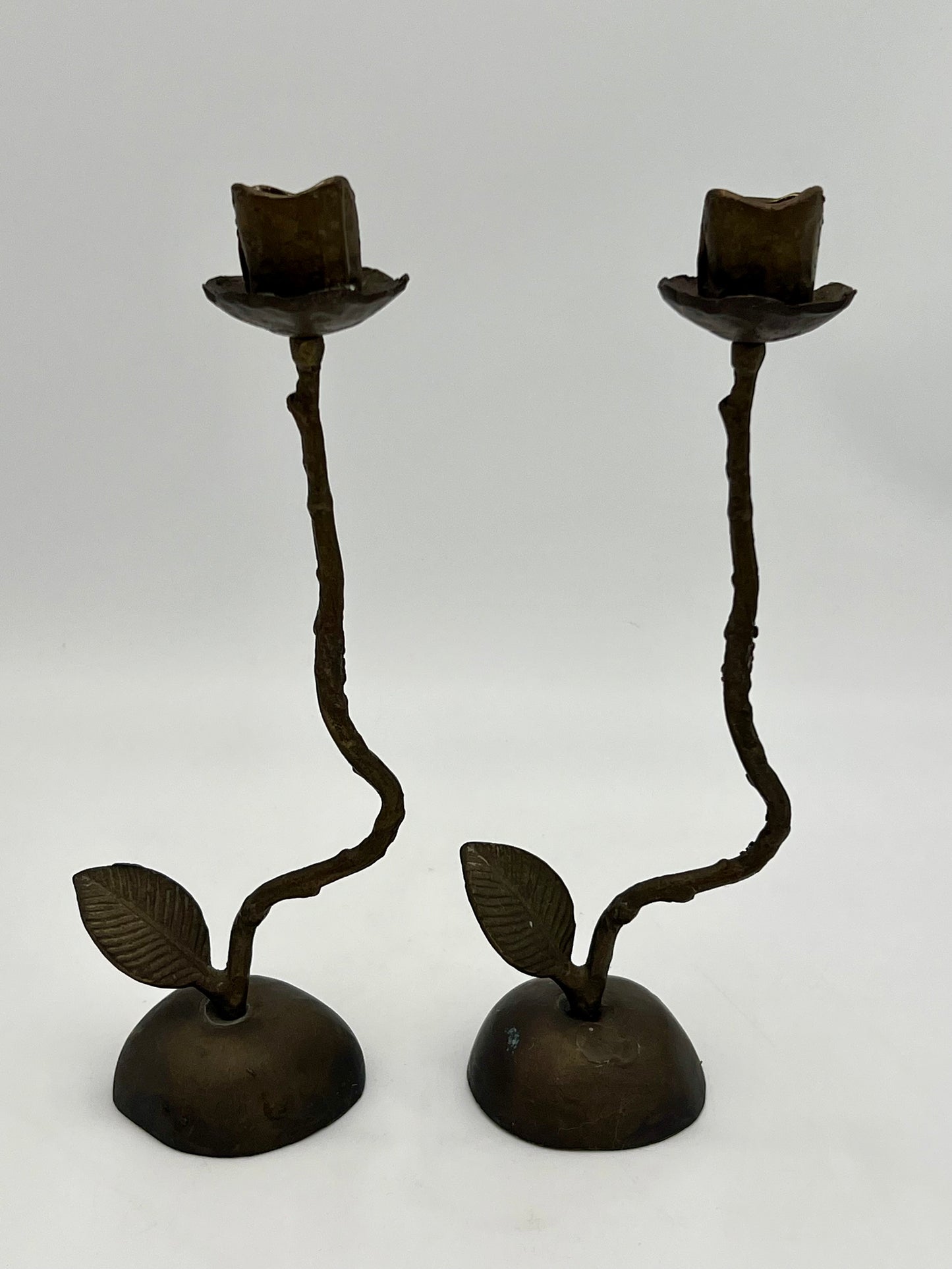 PAIR OF VINTAGE HAND FORGED BRONZE ROSE TAPER CANDLESTICK HOLDERS