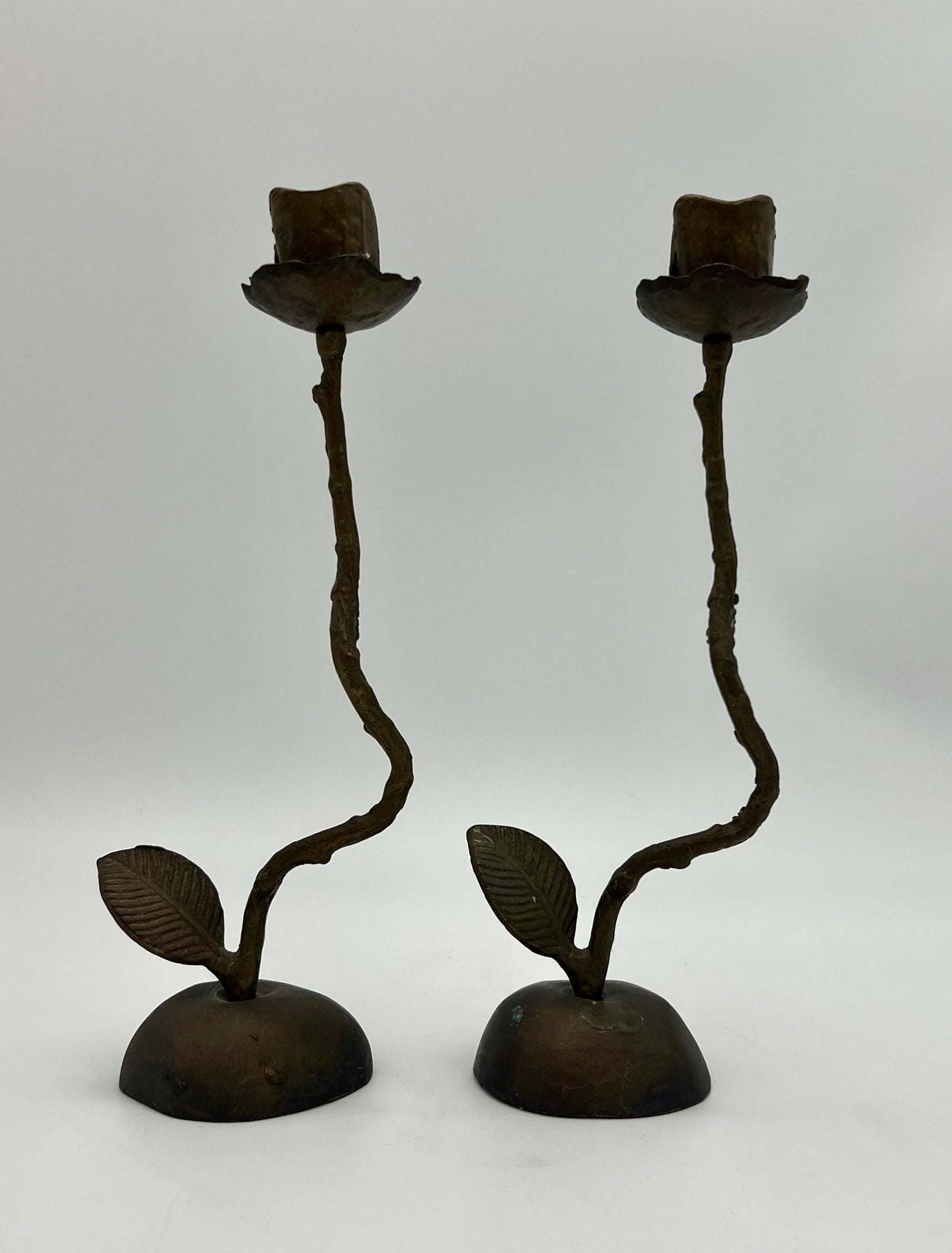 PAIR OF VINTAGE HAND FORGED BRONZE ROSE TAPER CANDLESTICK HOLDERS