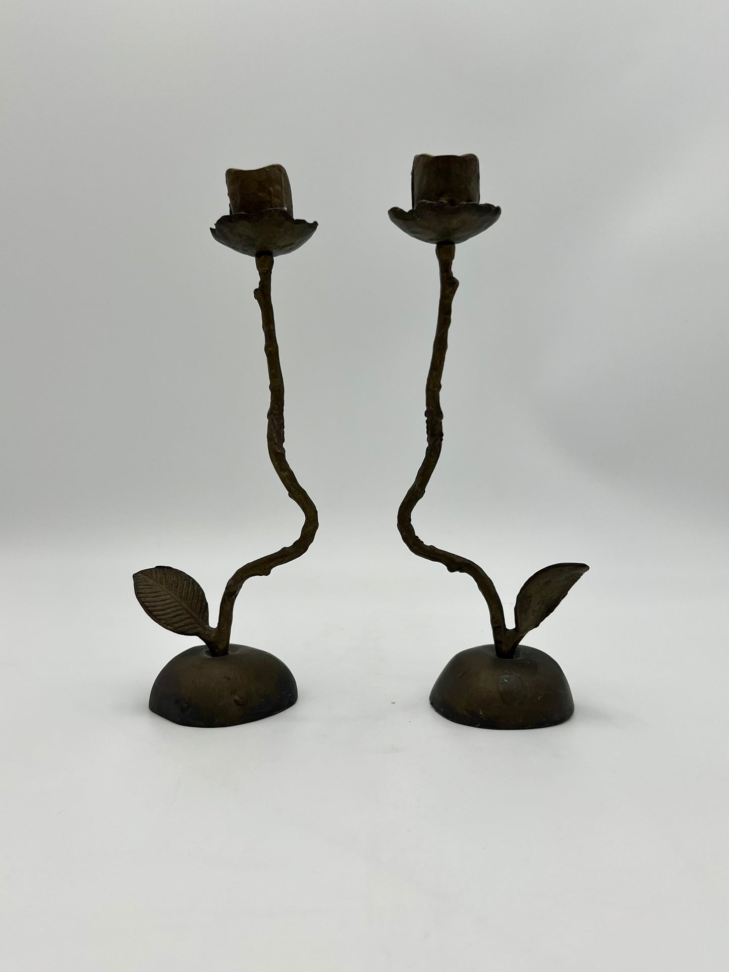 PAIR OF VINTAGE HAND FORGED BRONZE ROSE TAPER CANDLESTICK HOLDERS