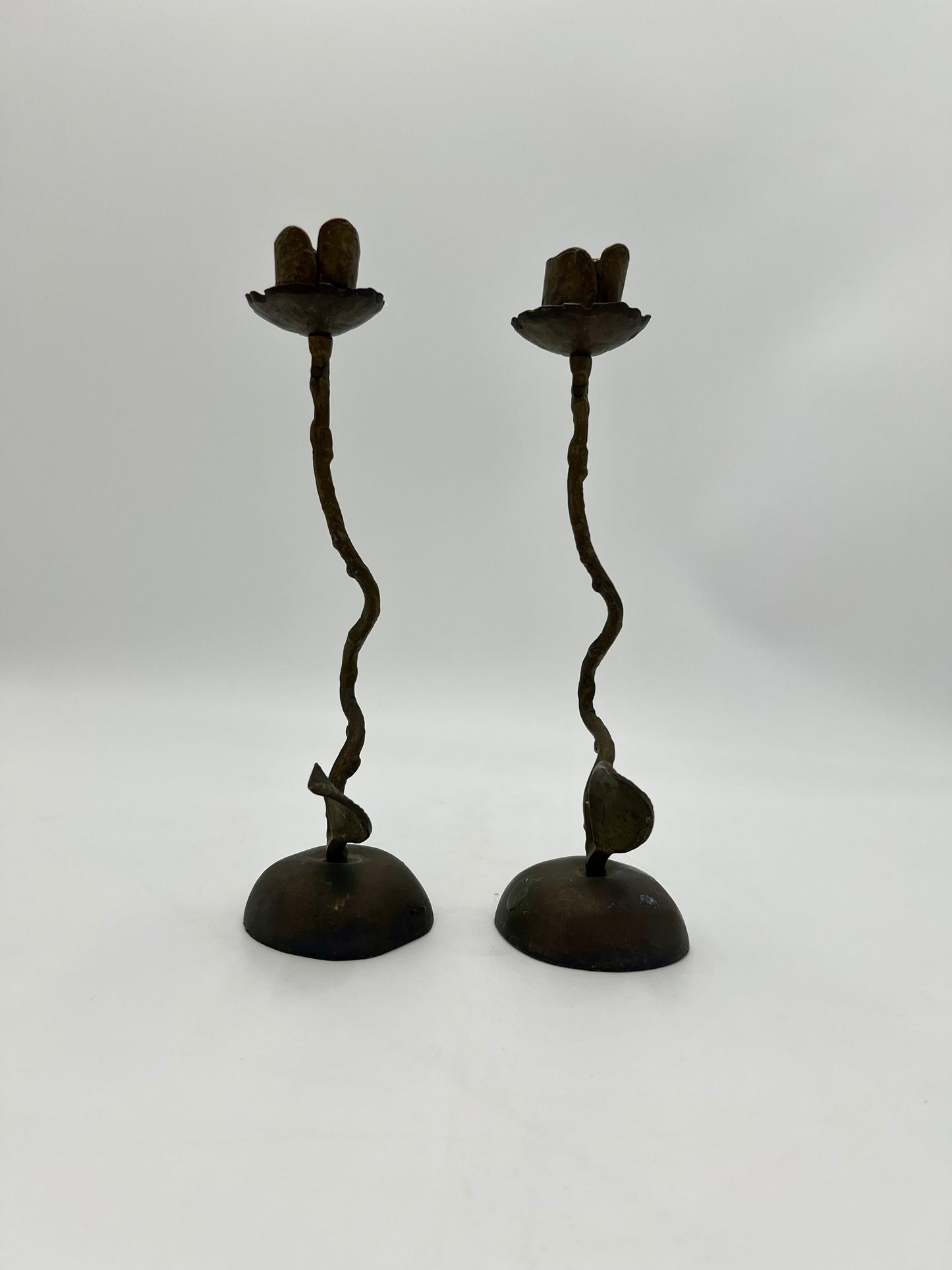 PAIR OF VINTAGE HAND FORGED BRONZE ROSE TAPER CANDLESTICK HOLDERS