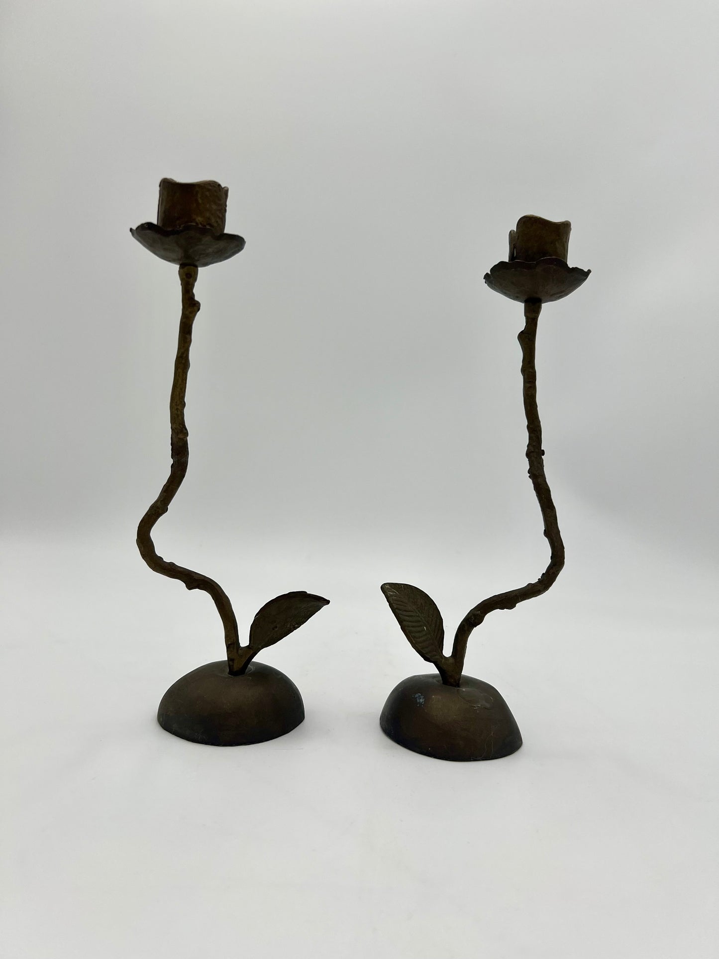 PAIR OF VINTAGE HAND FORGED BRONZE ROSE TAPER CANDLESTICK HOLDERS