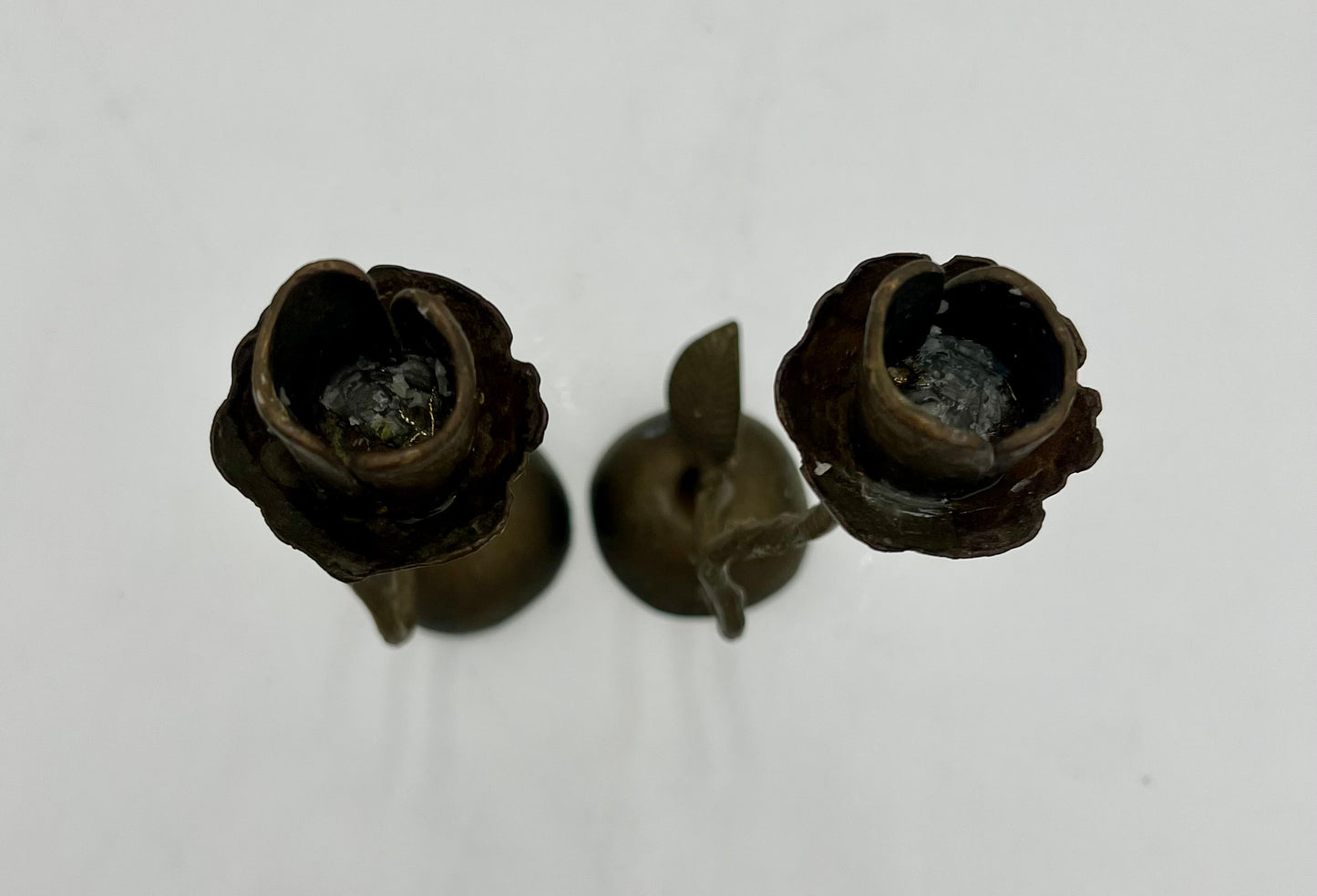PAIR OF VINTAGE HAND FORGED BRONZE ROSE TAPER CANDLESTICK HOLDERS