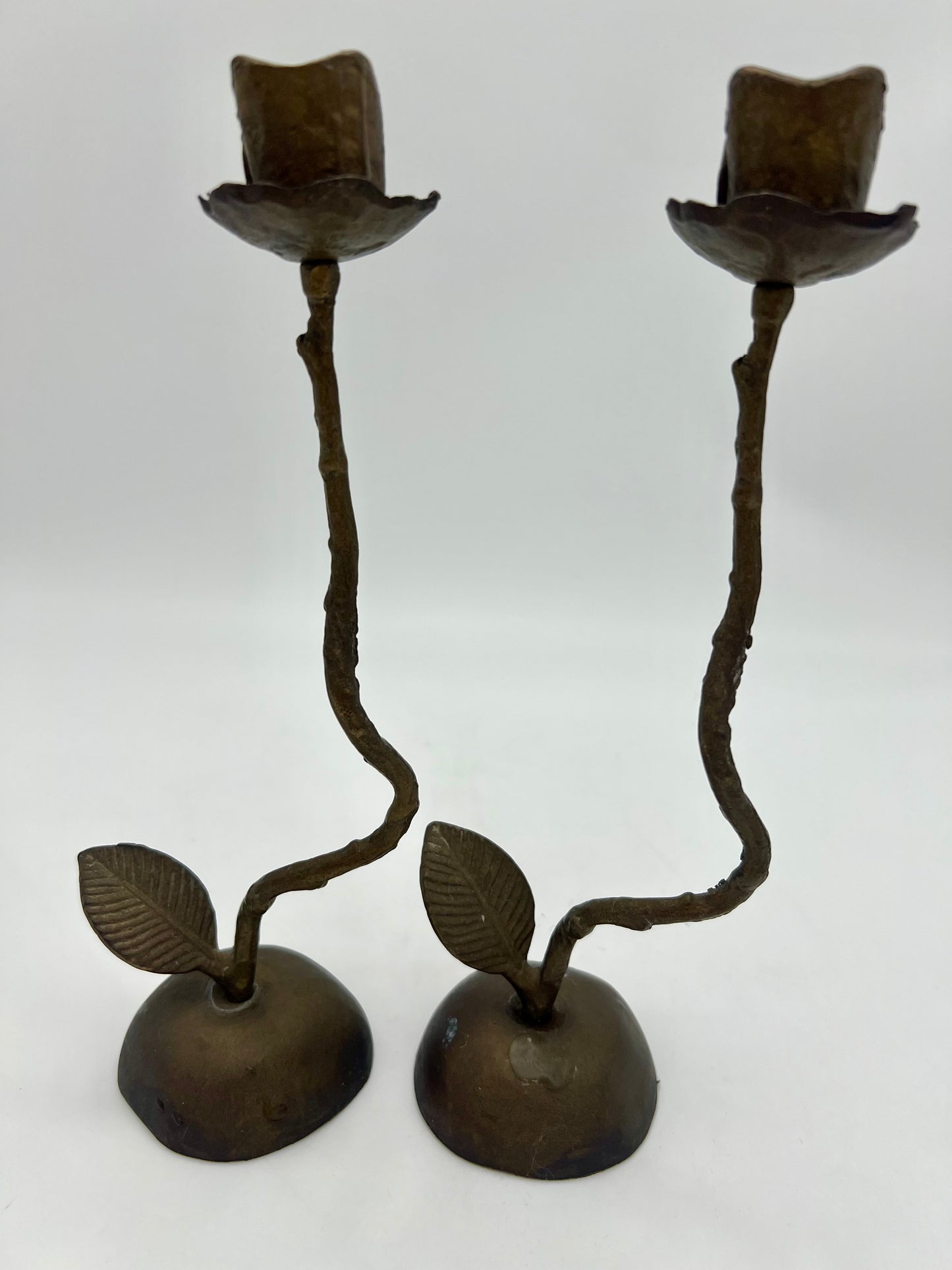 PAIR OF VINTAGE HAND FORGED BRONZE ROSE TAPER CANDLESTICK HOLDERS