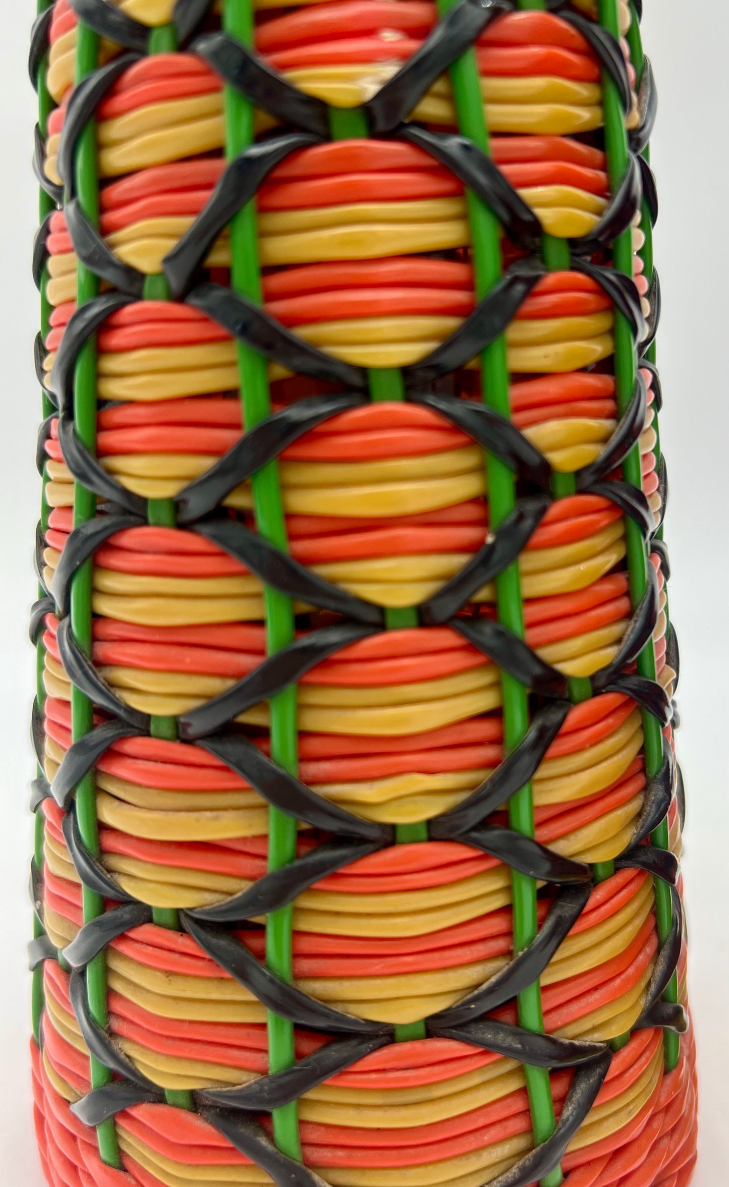 PAIR OF 1960s BOHO SCOUBIDOU WOVEN PLASTIC GLASS BOTTLE DECANTER, SPAIN