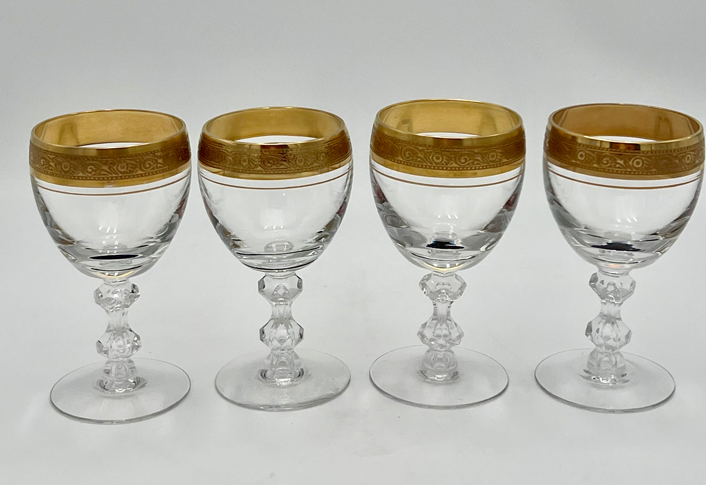 1960-1970s 24 K GOLD ENCRUSTED TIFFIN FRANCISCAN WESTCHESTER CRYSTAL GOBLETS, SET OF 4