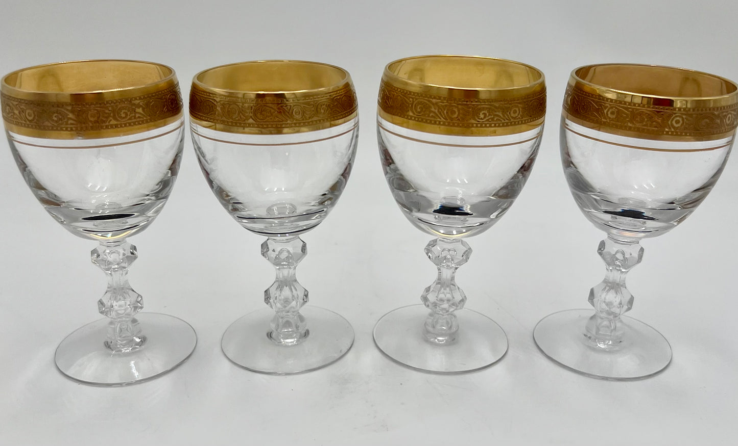 1960-1970s 24 K GOLD ENCRUSTED TIFFIN FRANCISCAN WESTCHESTER CRYSTAL GOBLETS, SET OF 4