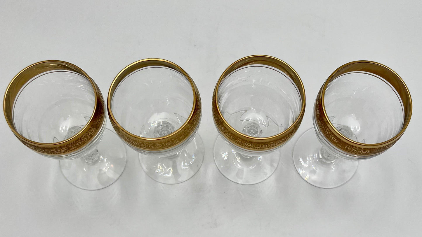 1960-1970s 24 K GOLD ENCRUSTED TIFFIN FRANCISCAN WESTCHESTER CRYSTAL GOBLETS, SET OF 4