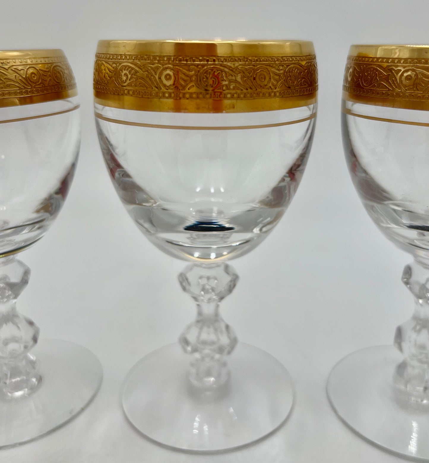 1960-1970s 24 K GOLD ENCRUSTED TIFFIN FRANCISCAN WESTCHESTER CRYSTAL GOBLETS, SET OF 4