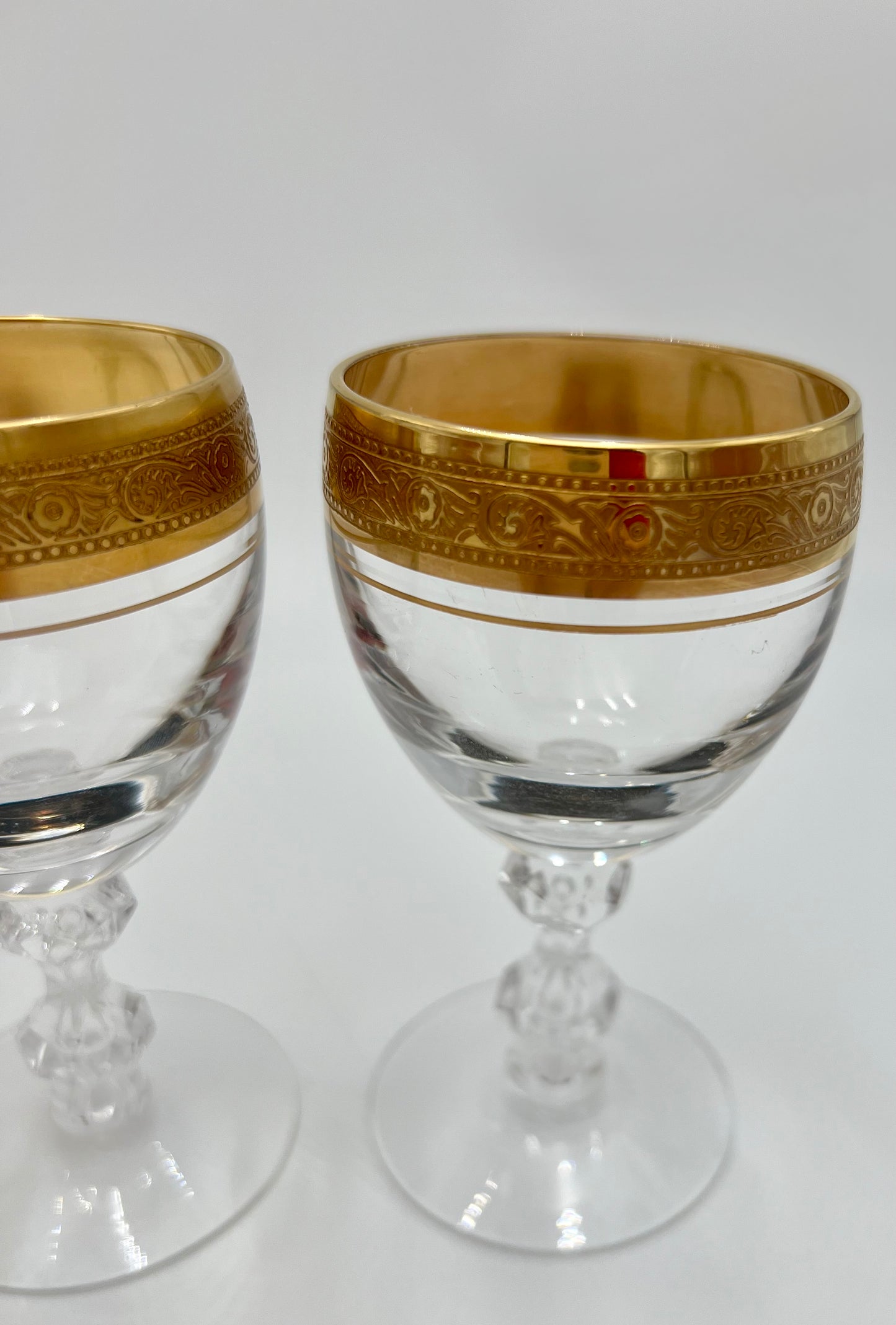 1960-1970s 24 K GOLD ENCRUSTED TIFFIN FRANCISCAN WESTCHESTER CRYSTAL GOBLETS, SET OF 4