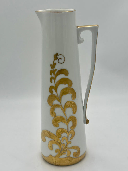 VINTAGE GERMAN WHITE AND GOLD PORCELAIN HAND PAINTED PITCHER/VASE
