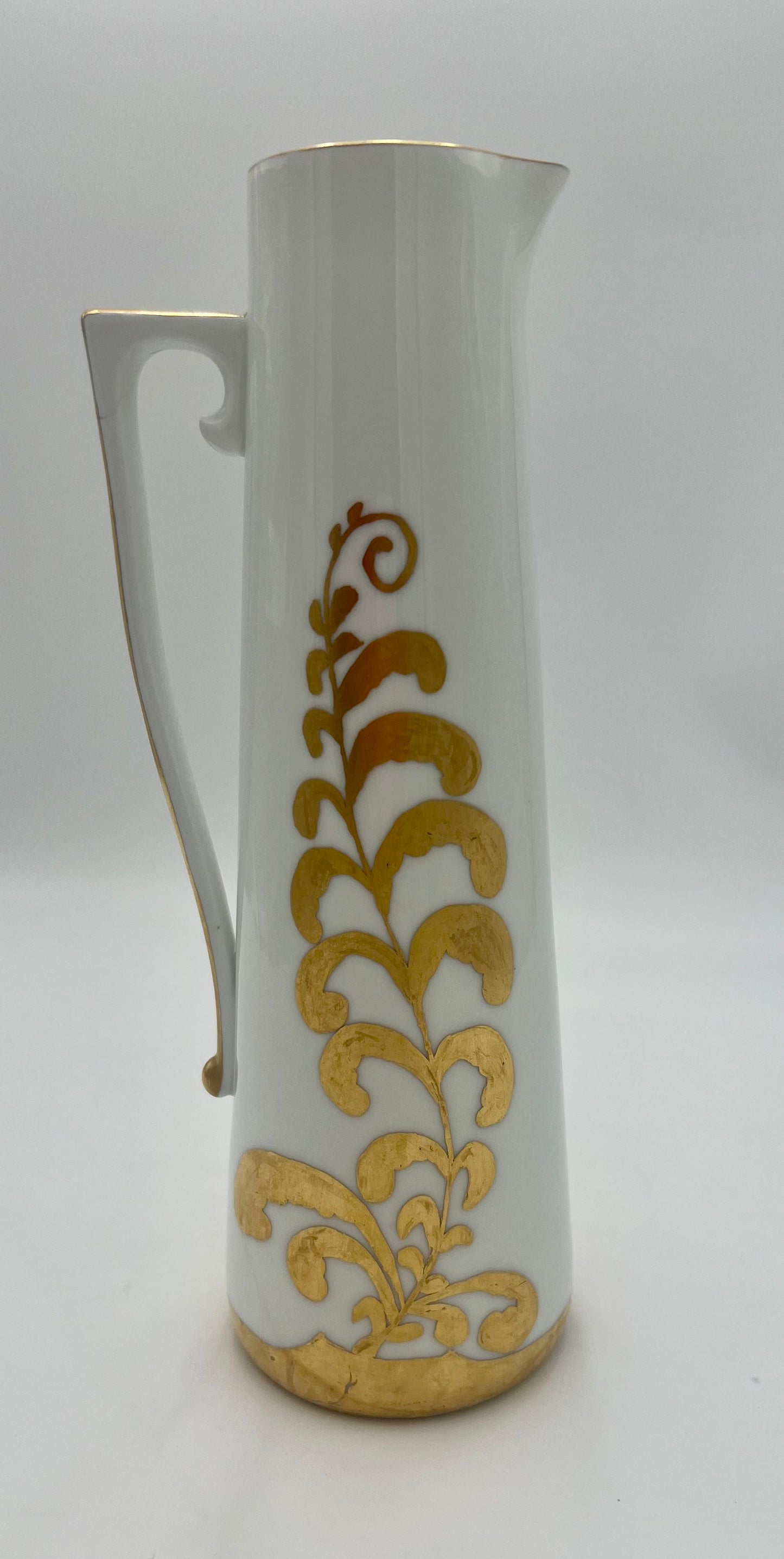VINTAGE GERMAN WHITE AND GOLD PORCELAIN HAND PAINTED PITCHER/VASE