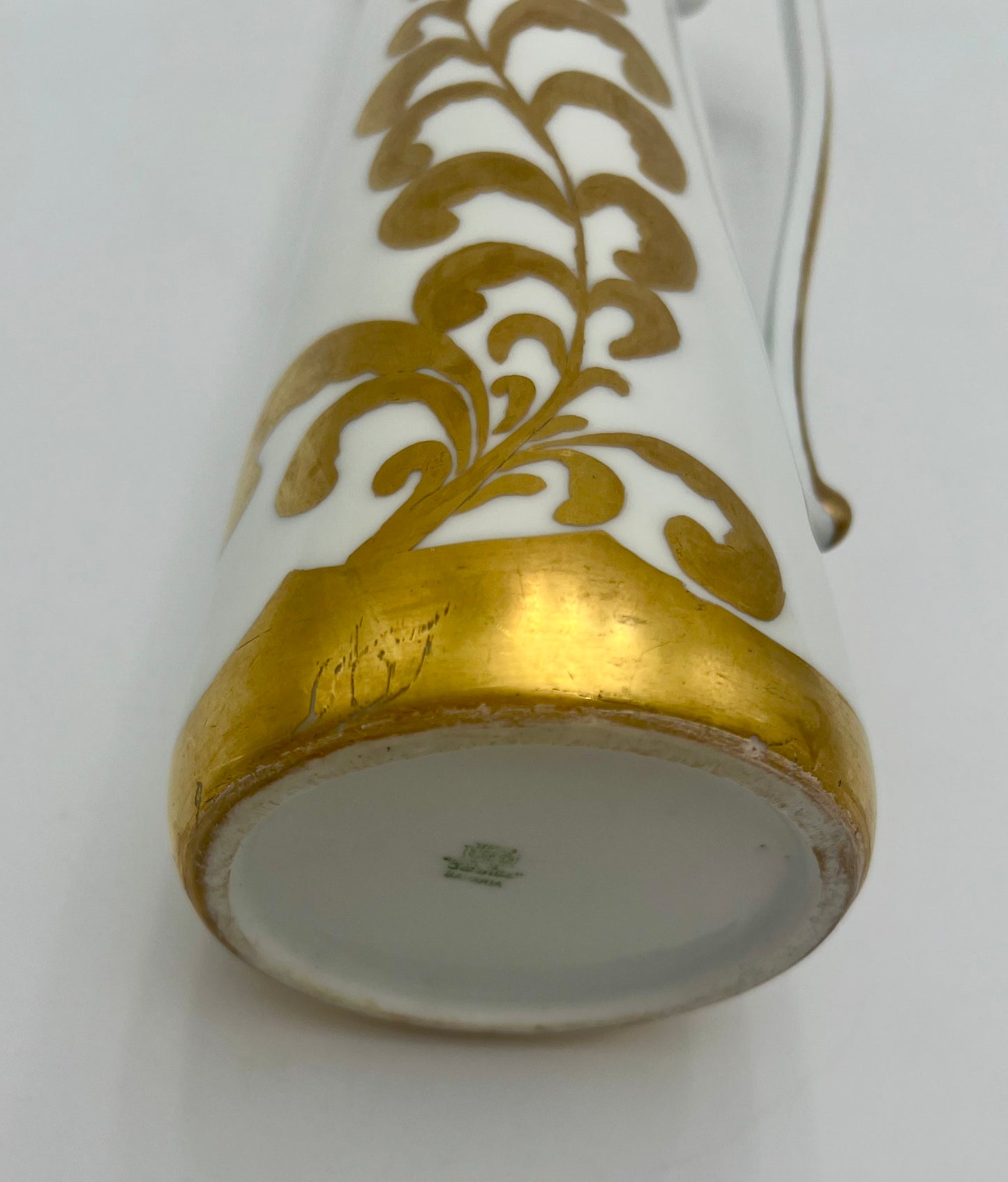VINTAGE GERMAN WHITE AND GOLD PORCELAIN HAND PAINTED PITCHER/VASE