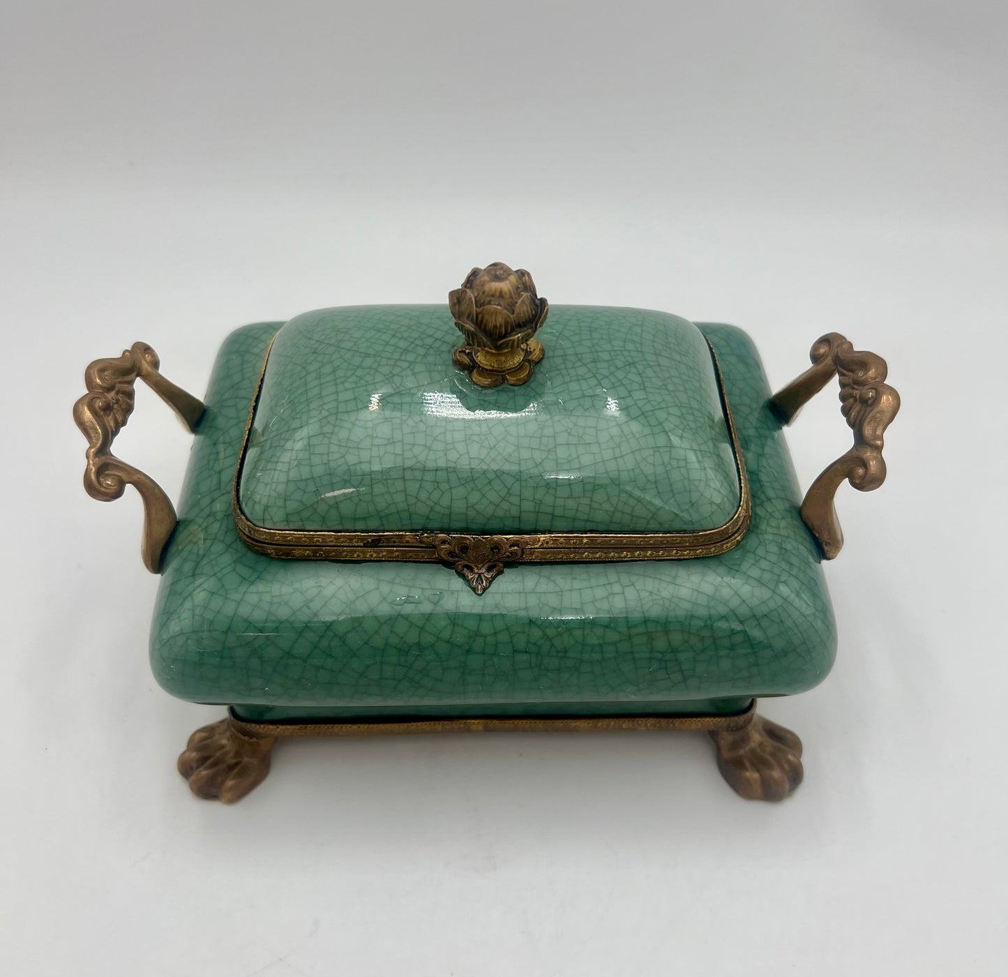 VINTAGE DOMINIC CELEDON TEAL AND BRASS FOOTED BOX