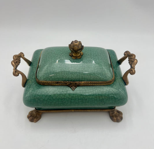 VINTAGE DOMINIC CELEDON TEAL AND BRASS FOOTED BOX