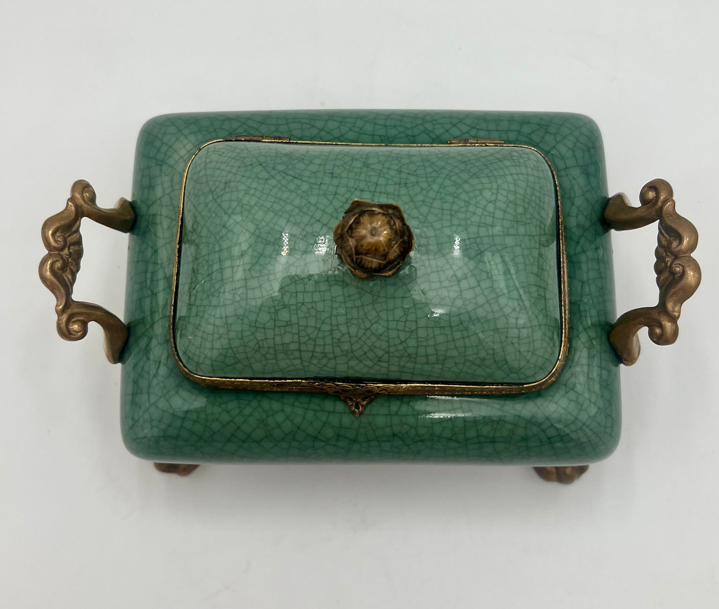 VINTAGE DOMINIC CELEDON TEAL AND BRASS FOOTED BOX