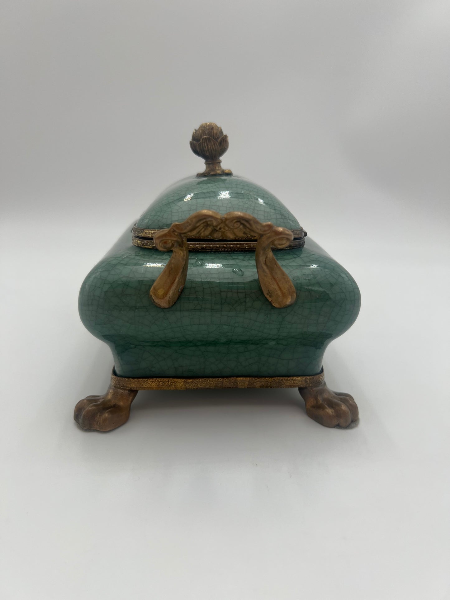 VINTAGE DOMINIC CELEDON TEAL AND BRASS FOOTED BOX