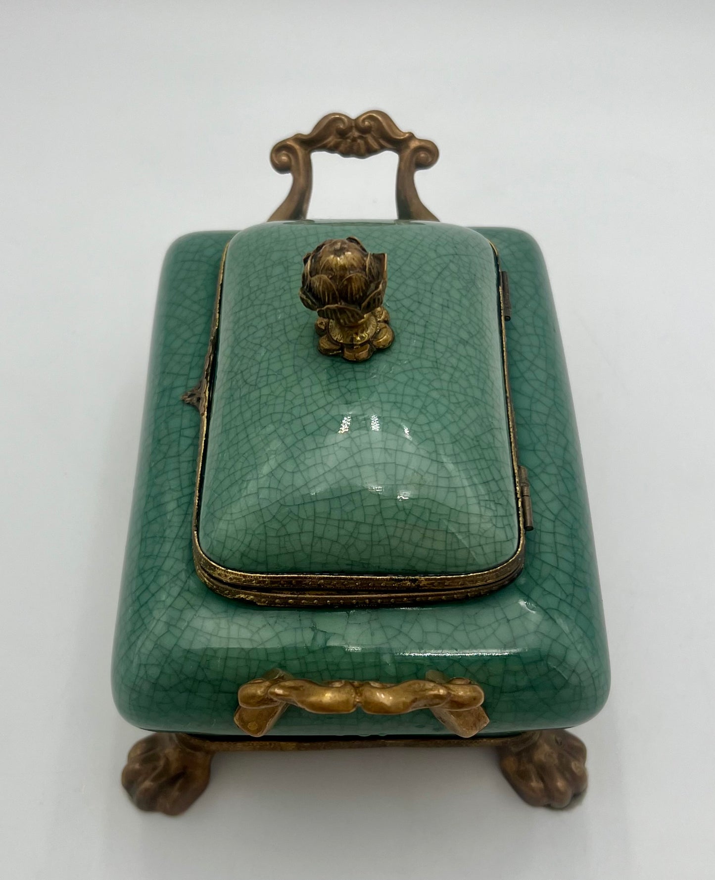 VINTAGE DOMINIC CELEDON TEAL AND BRASS FOOTED BOX