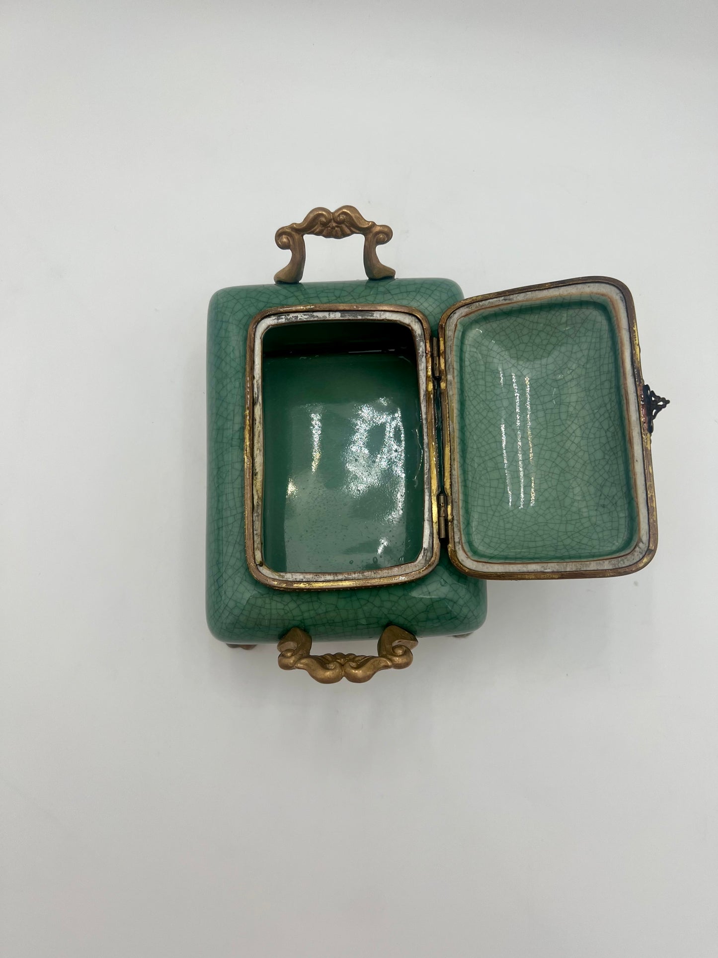 VINTAGE DOMINIC CELEDON TEAL AND BRASS FOOTED BOX