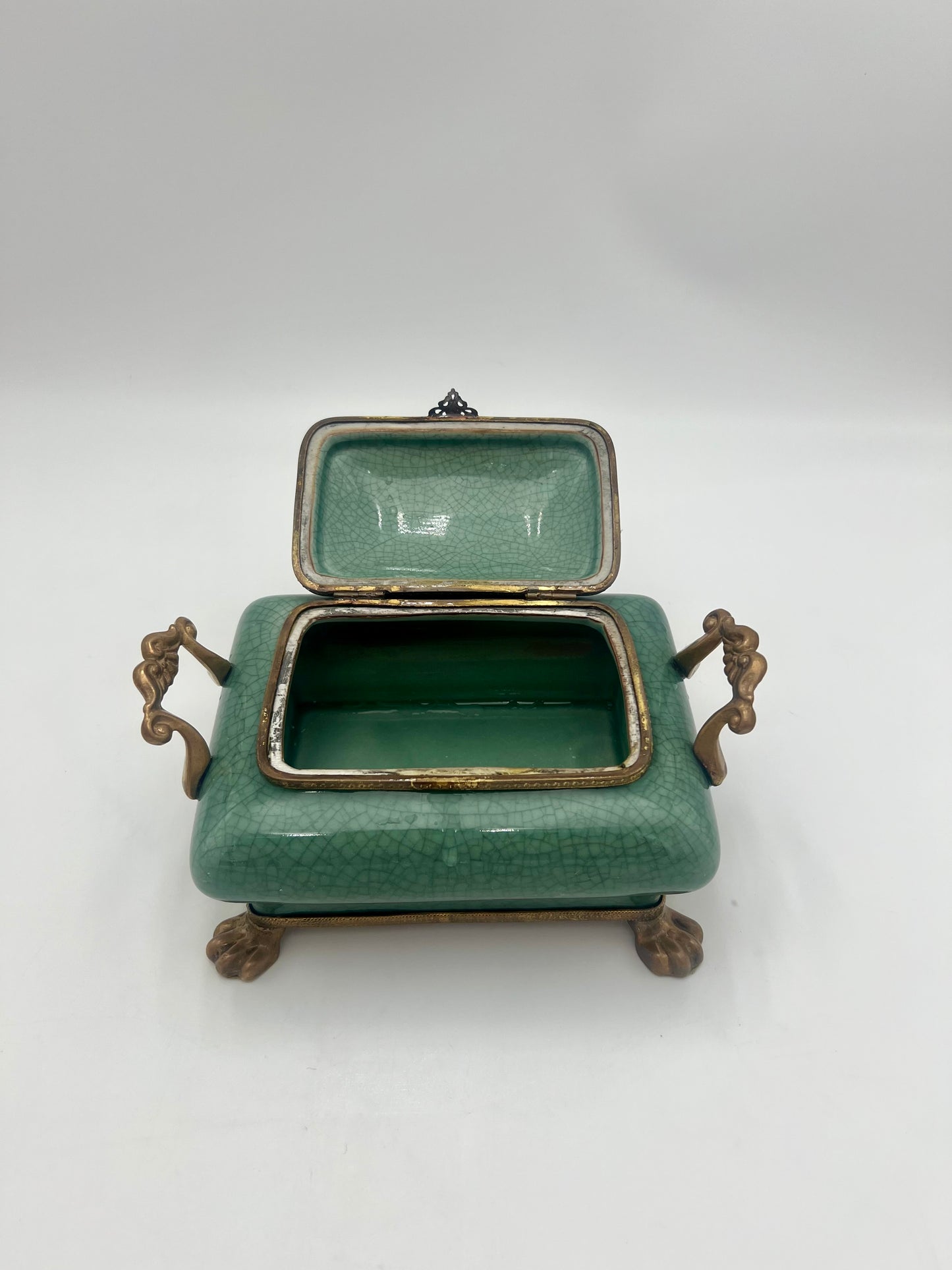 VINTAGE DOMINIC CELEDON TEAL AND BRASS FOOTED BOX